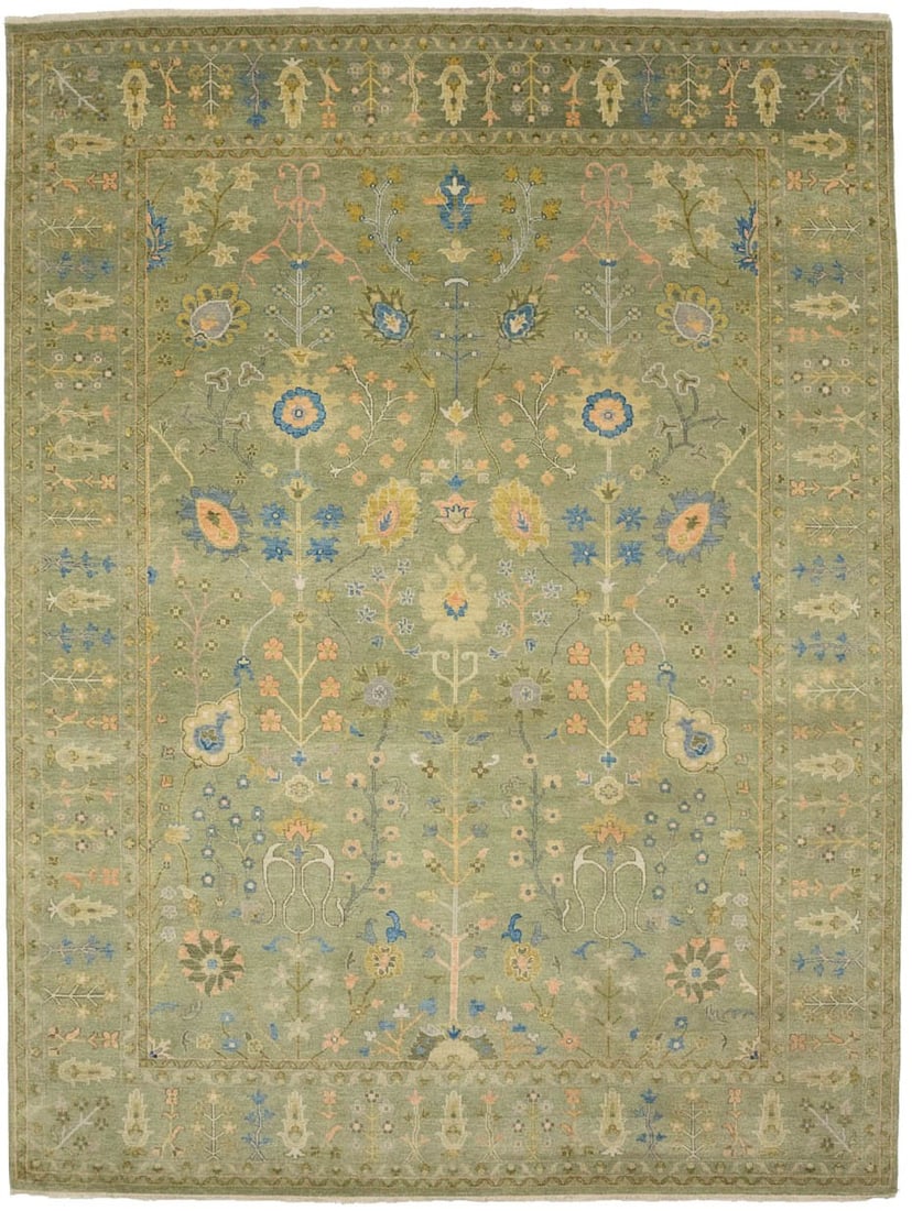 Green Hand-Knotted Chobi Oriental Rug Floral Farmhouse Decor Carpet 9X12 Ft Hand-Knotted: Green Hand-Knotted Chobi Oriental Rug Floral Farmhouse Decor Carpet 9X12 Ft Hand-Knotted The Green Hand-Knotted Chobi Oriental Rug boasts a stunning floral pattern in olive green, golden beige, and sk