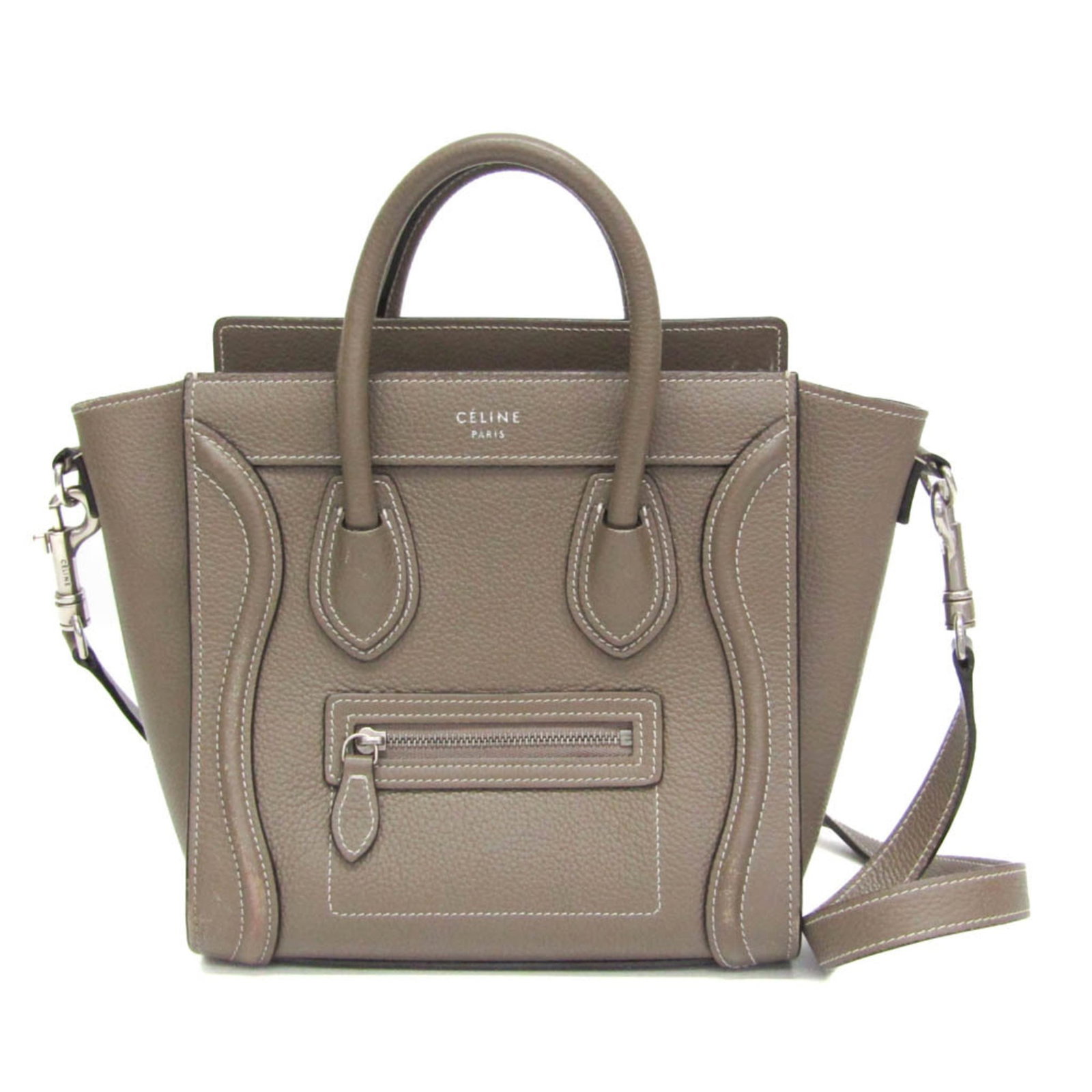 Celine Handbag Shoulder Bag Leather: Celine Handbag Shoulder Bag Leather The Celine Nano Shoulder Bag Leather features a sleek, grayish design with a top width maximum of approximately 29cm. This stylish handbag boasts a spacious open po