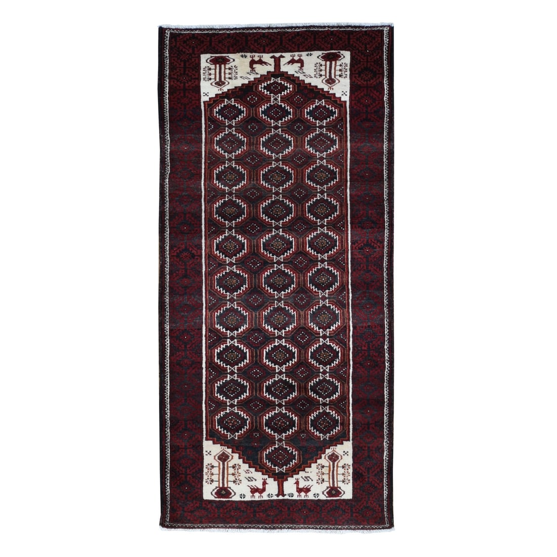 3'8"x8' Red Vintage Zoroastrian Balooch Wool Hand Knotted Wide Runner Rug: 3'8"x8' Red Vintage Zoroastrian Balooch Wool Hand Knotted Wide Runner Rug This stunning Red Vintage Zoroastrian Balooch Wool Hand Knotted Wide Runner Rug boasts an impressive size and intricate hand-k