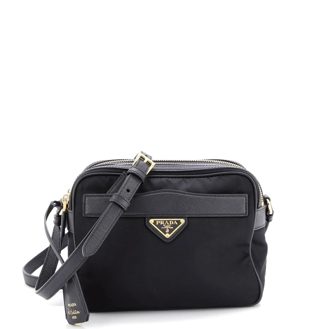 Prada Re-Edition 1978 Front Pocket Shoulder Re-Nylon with Saffiano Leather Mini: Prada Re-Edition 1978 Front Pocket Shoulder Re-Nylon with Saffiano Leather Mini Black Mini Prada Re-Edition 1978 Front Pocket Shoulder Bag with Saffiano Leather Interior, featuring a classic front poc