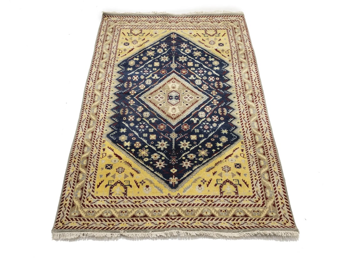 5X8 Blue Hand-Knotted Geometric Indo Gabbeh Tribal Rug Wool Oriental Carpet Hand-Knotted: 5X8 Blue Hand-Knotted Geometric Indo Gabbeh Tribal Rug Wool Oriental Carpet Hand-Knotted Hand-knotted in wool, this stunning 5'0" x 7'10" geometric Indo Gabbeh tribal rug boasts a rich, vibrant color 