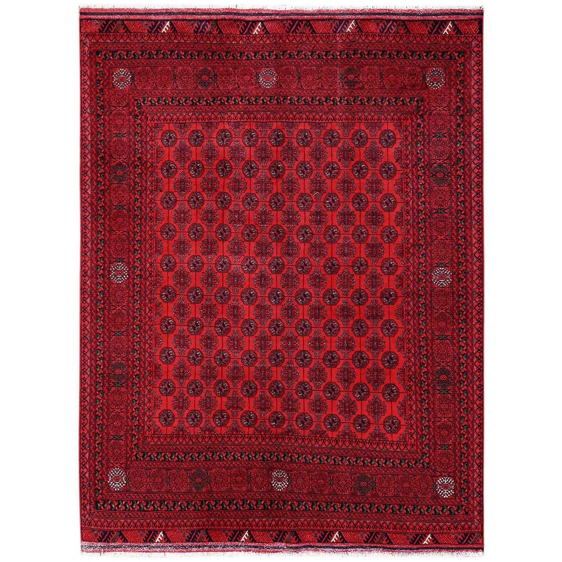 Hand knotted Afghan rug khamyab red soft wool bokara design: Hand knotted Afghan rug khamyab red soft wool bokara design Soft and vibrant, this hand-knotted Khamyab Afghan rug boasts an all-over red design in a rich wool pile. Measuring 77" x 59", its rectangul