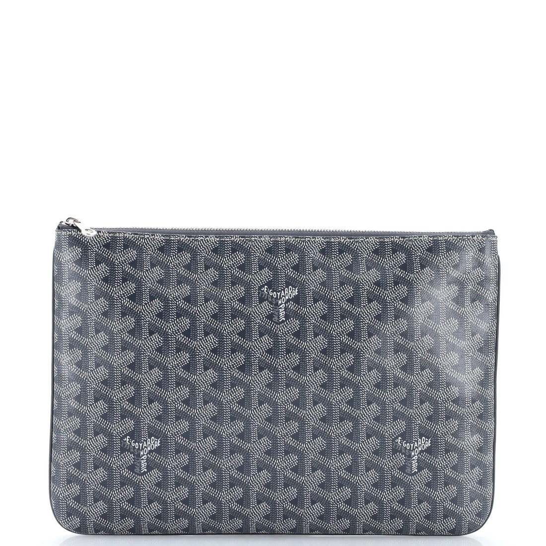 Coated canvas zip pouch by senat goyard mm: Coated canvas zip pouch by senat goyard mm Gray coated canvas zip pouch by Senat, featuring a classic design with a silver-toned zipper and orange interior. The exterior shows signs of wear,