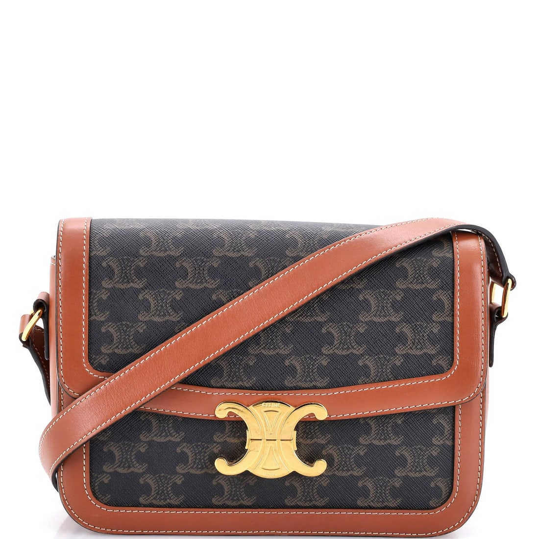 Coated Canvas Bag Celine Triomphe Medium Shoulder: Coated Canvas Bag Celine Triomphe Medium Shoulder Canvas Coated Celine Triomphe Medium Shoulder Bag in Brown, featuring a classic shoulder design with a medium size and gold hardware. The exterior