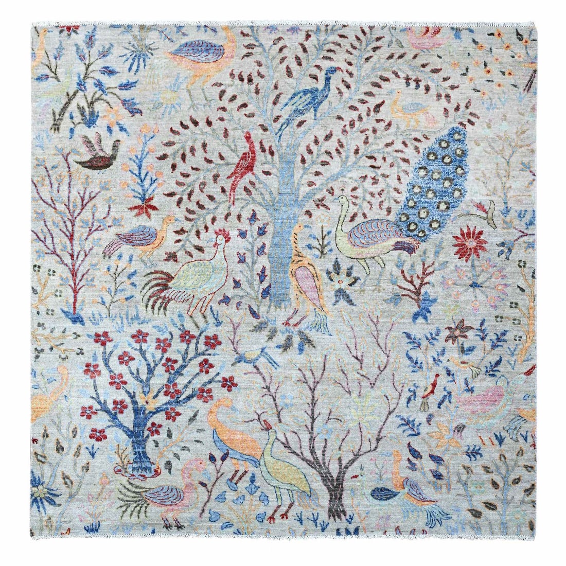 6'x6' Beacon Gray Hand Knotted Soft Wool Afghan Peshawar Square Rug: 6'x6' Beacon Gray Hand Knotted Soft Wool Afghan Peshawar Square Rug Grey wool Afghan Peshawar Square Rug, hand knotted with a flatweave weave, features a subtle oriental regional design in a neutral g