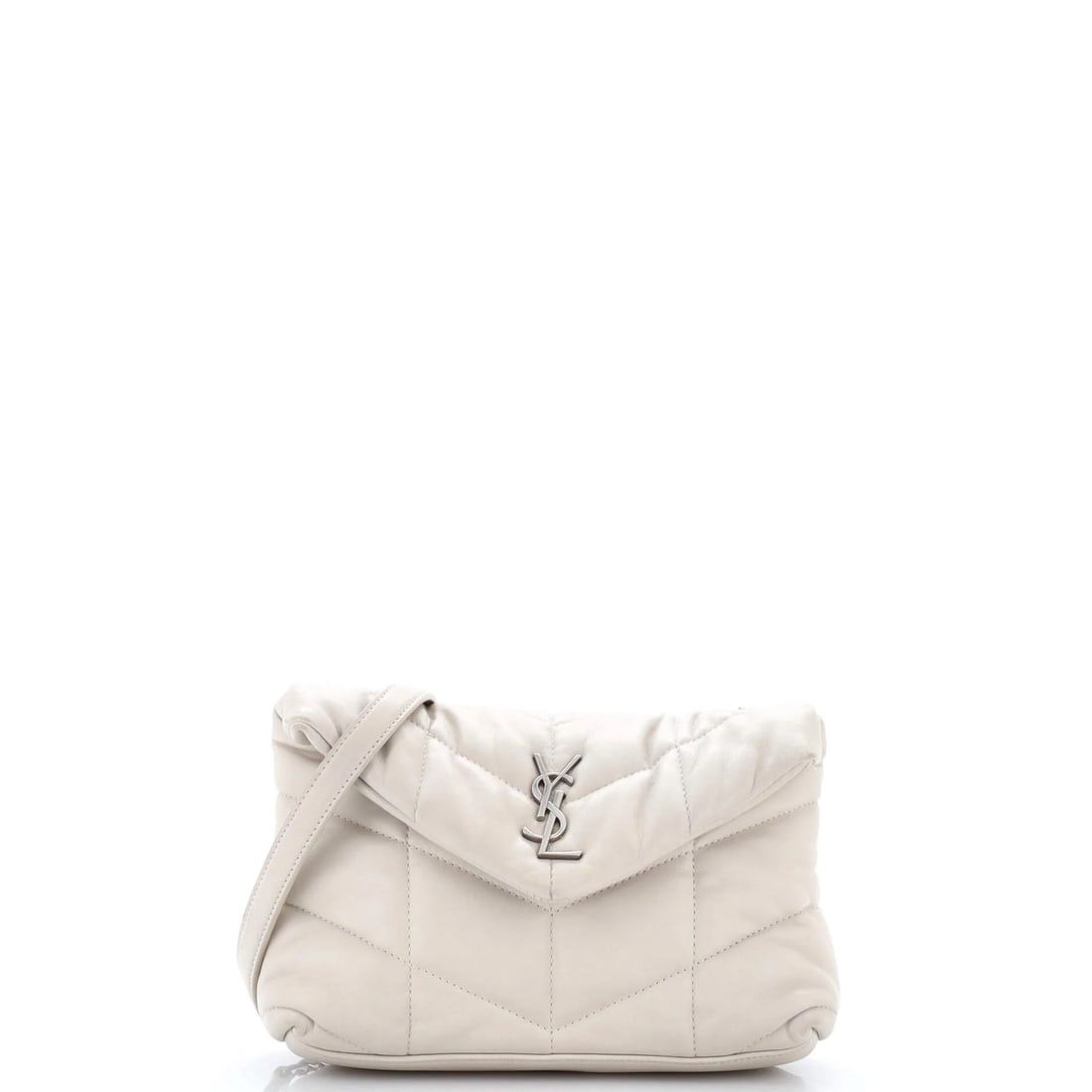 Loulou Puffer Leather Quilted Mini Shoulder Bag Saint: Loulou Puffer Leather Quilted Mini Shoulder Bag Saint Neutral-colored quilted leather mini shoulder bag with puffed design, featuring aged silver hardware and black interior. Measures 5.5" height, 8" 