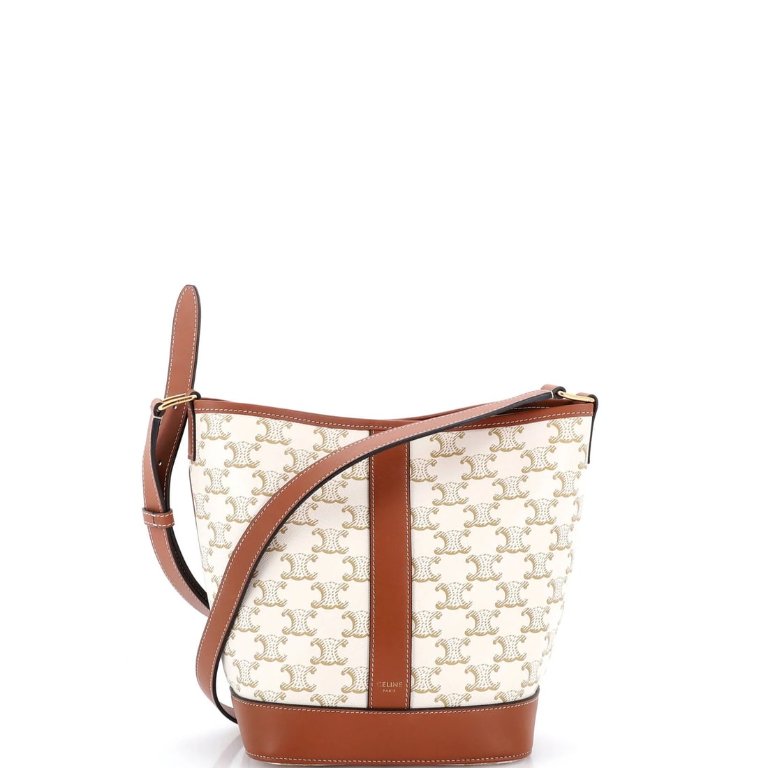Small triomphe coated canvas bucket bag Celine: Small triomphe coated canvas bucket bag Celine Small Triomphe Coated Canvas Bucket Bag Celine in White. This small, white canvas bucket bag features triomphe coated canvas and gold hardware, with a br
