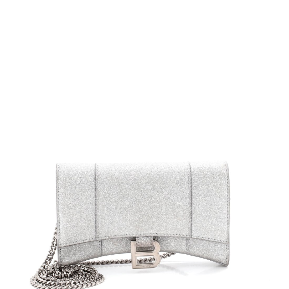 Hourglass Chain Wallet Leather Glitter Balenciaga: Hourglass Chain Wallet Leather Glitter Balenciaga Glittering with metallic sheen, this Balenciaga Hourglass Chain Wallet features a striking glitter leather exterior in gray. The bag's intricate chain
