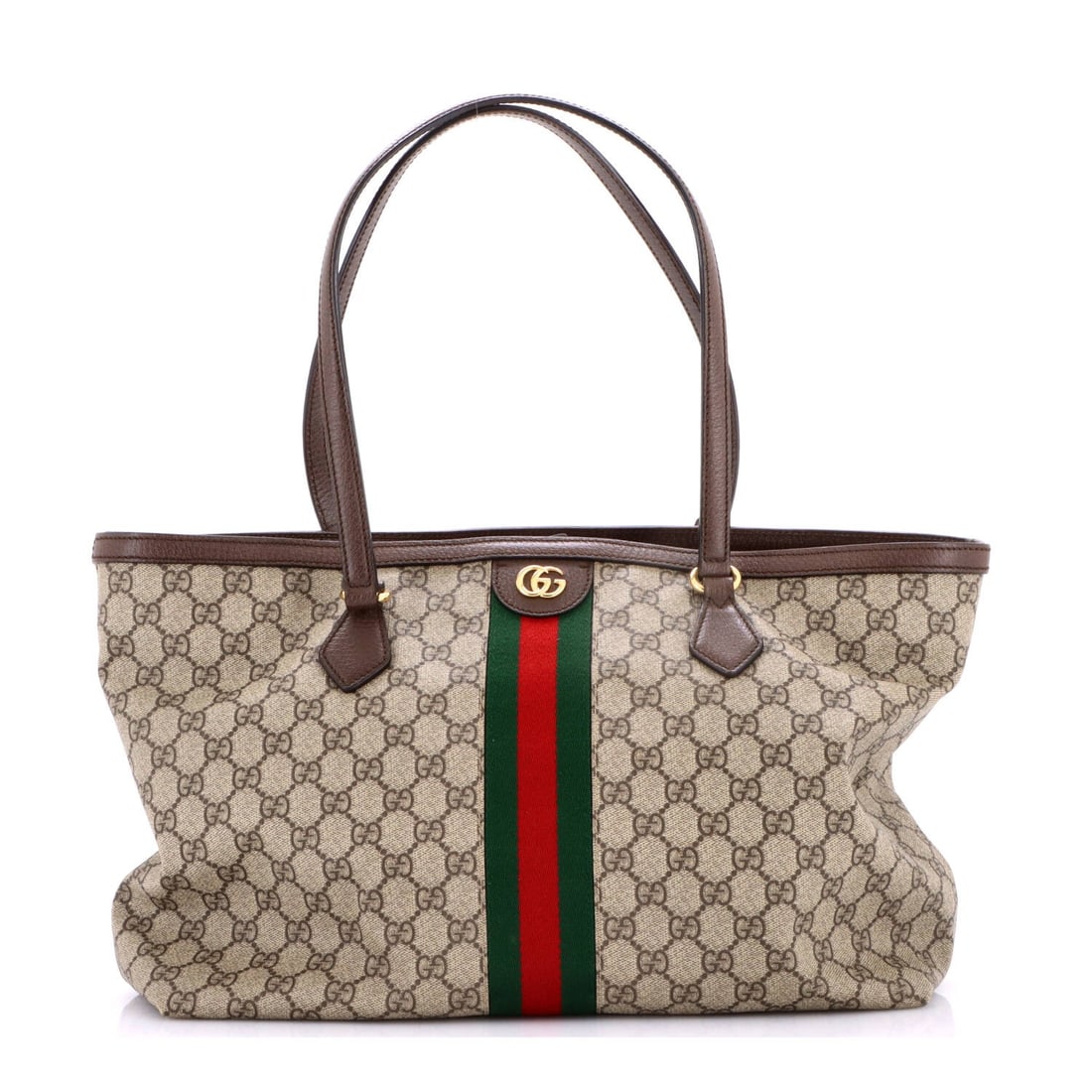 Gucci Ophidia Shopping Tote GG Coated Canvas Medium: Gucci Ophidia Shopping Tote GG Coated Canvas Medium The Gucci Ophidia Shopping Tote GG Coated Canvas Medium boasts a rich, brown exterior with subtle scuffs and minor creases, giving it a well-worn lo