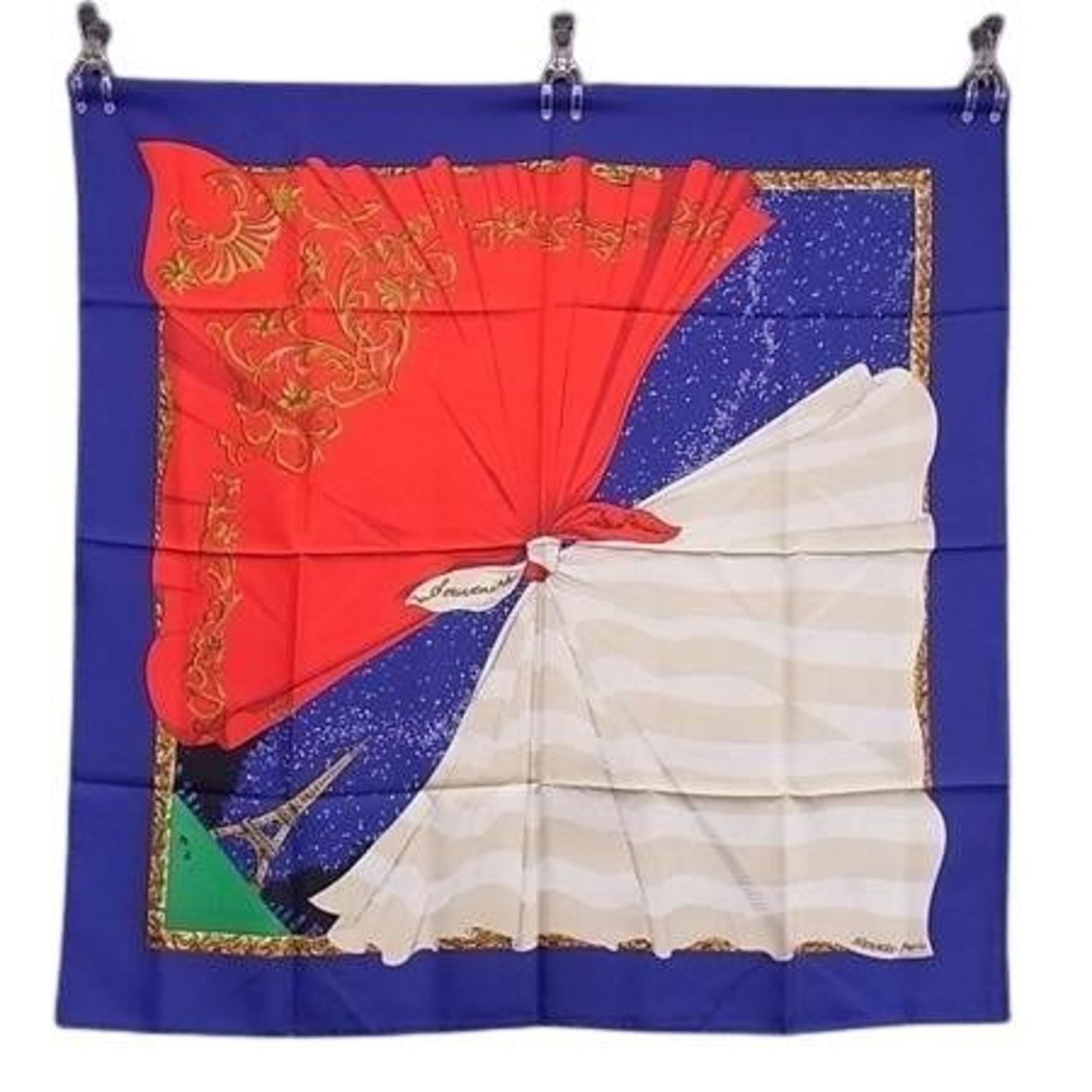 Hermes silk scarf: Hermes silk scarf Silk scarf from renowned French fashion house Hermes, featuring a vibrant multi-color design. Made from high-quality silk, the scarf measures 90cm x 90cm and boasts a timeless elegan