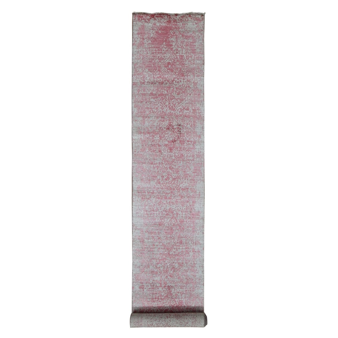 Pink Zoroastrian Design Pure Silk Hand Knotted Wool Runner Rug 2'5"x15'7: Pink Zoroastrian Design Pure Silk Hand Knotted Wool Runner Rug 2'5"x15'7 100% pure silk hand-knotted wool runner rug in pink, measuring 2'5" x 15'7". This unique design showcases the beauty of Zoroast