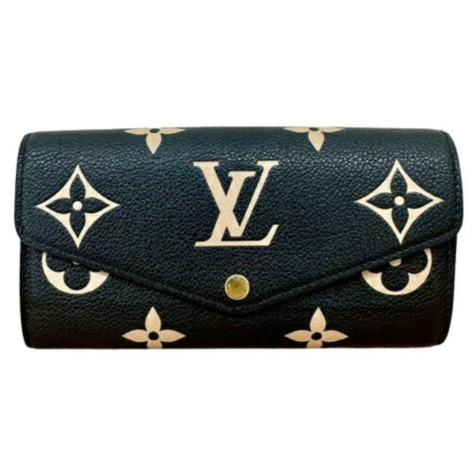 Long Wallet Bi Fold Leather Louis Vuitton: Long Wallet Bi Fold Leather Louis Vuitton This long, bi-fold leather wallet from Louis Vuitton features the iconic Monogram Empreinte pattern and measures 10cm x 18.5cm x 2cm. The beige and black colo