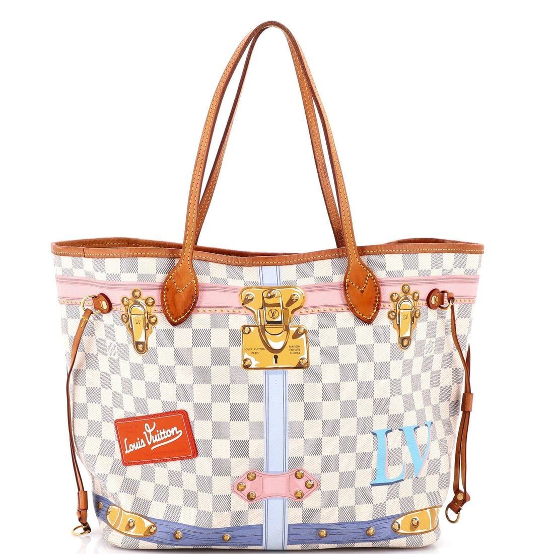 Vuitton Neverfull NM Tote MM Edition Damier Summer Trunks Limited: Vuitton Neverfull NM Tote MM Edition Damier Summer Trunks Limited Canvas Coated Louis Vuitton Neverfull NM Tote MM Edition Damier Summer Trunks in White, featuring a unique print and gold hardware.