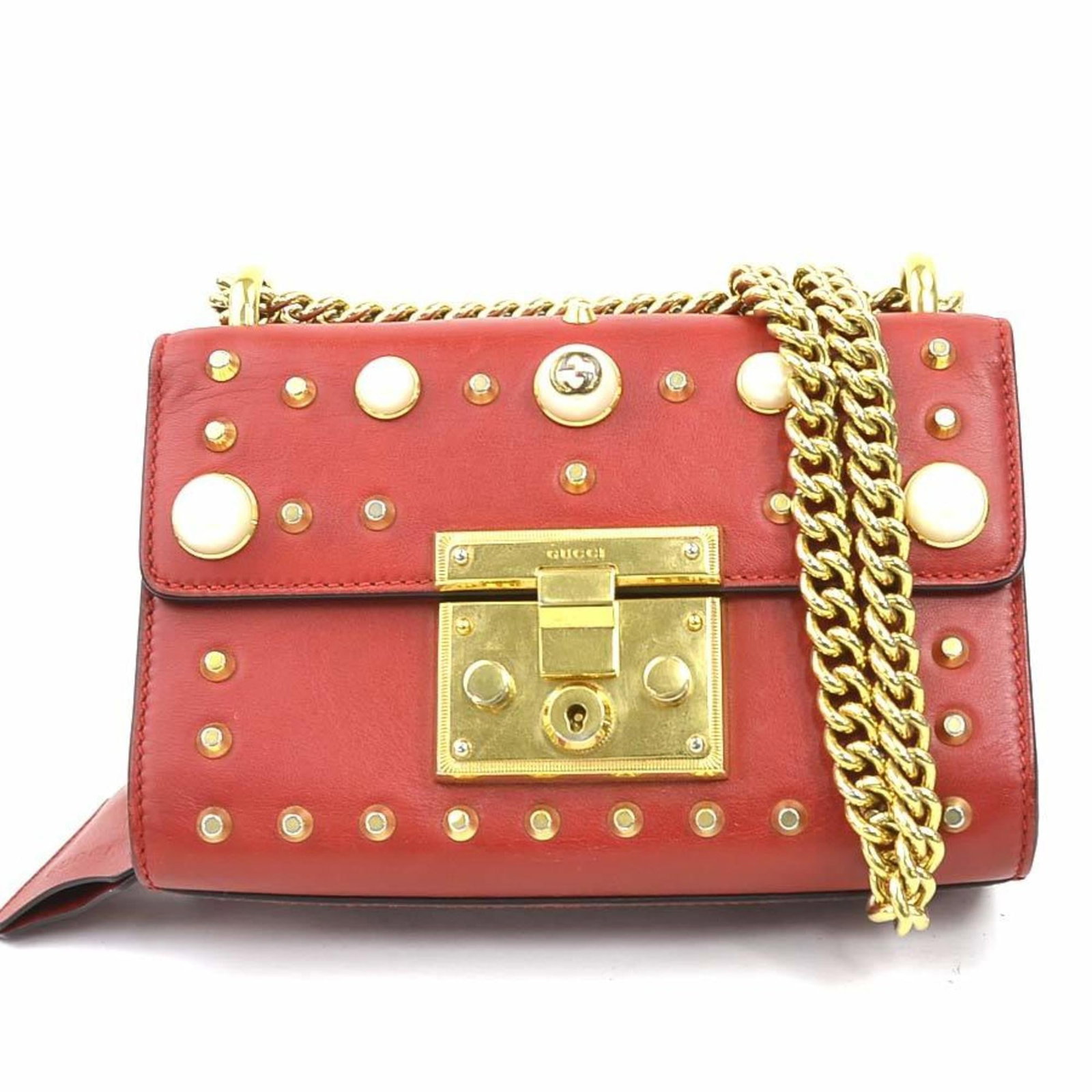 Shoulder bag leather artificial pearl metal Gucci: Shoulder bag leather artificial pearl metal Gucci Red leather shoulder bag with artificial pearl and metal accents, featuring a clochette and key. This Gucci-style bag boasts a classic design with a