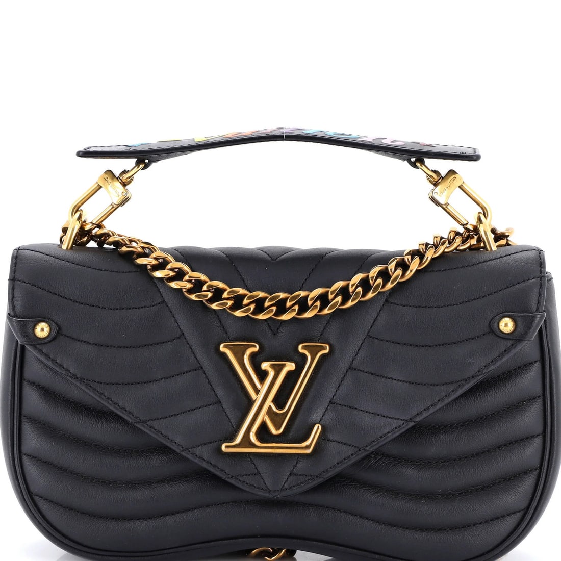 Quilted Leather Bag Chain Louis Vuitton New: Quilted Leather Bag Chain Louis Vuitton New Black Quilted Leather Louis Vuitton New Wave Chain Bag with Gold Hardware, featuring scuffs and creases on exterior leather and interior microfiber lining. 