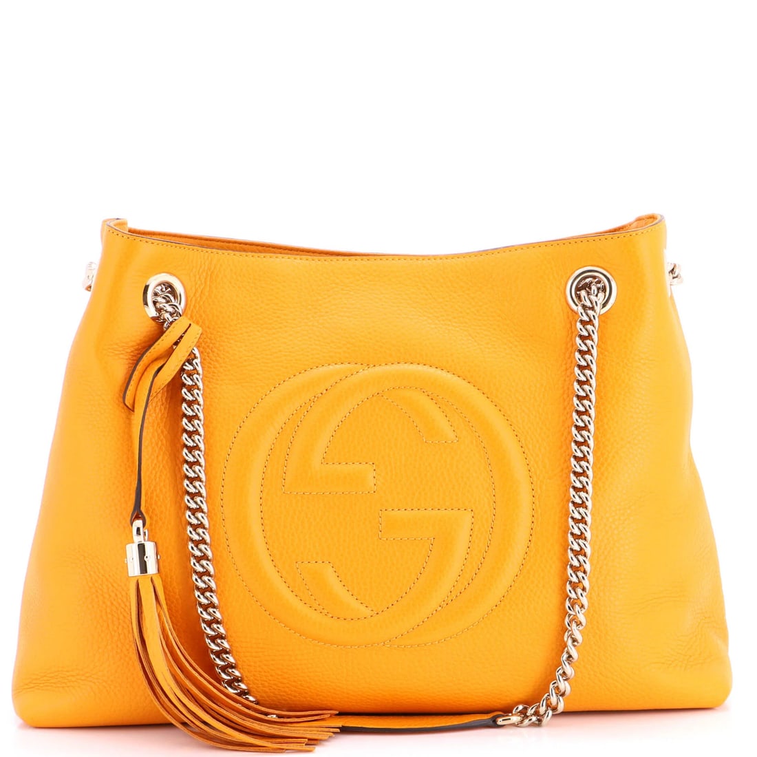 Soho Gucci Strap Shoulder Chain Large Leather Bag: Soho Gucci Strap Shoulder Chain Large Leather Bag Orange Soho Chain Strap Shoulder Bag in large size, featuring leather exterior with minor creases and gold tone hardware. The bag's interior is lined 