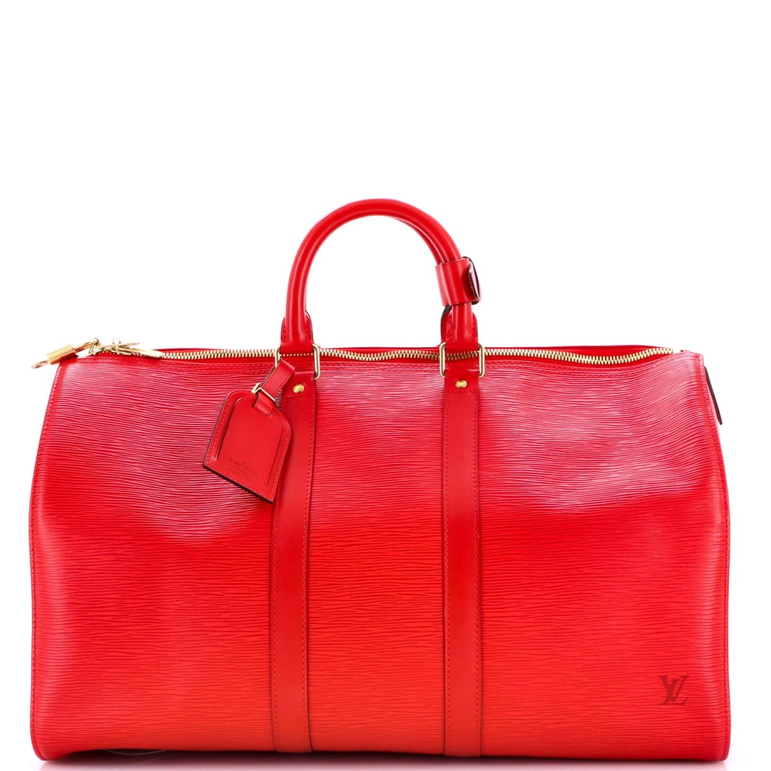 Leather Epi Bag Keepall Louis Vuitton: Leather Epi Bag Keepall Louis Vuitton Red Louis Vuitton Epi Leather Keepall Bag with Poignet Keys and Gold Hardware. This iconic bag features a classic design, high-quality leather exterior, and gold 