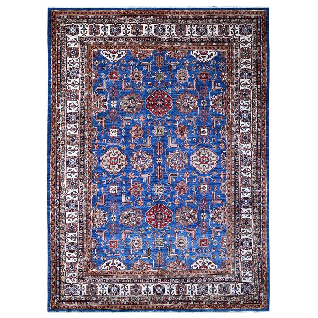 9'10"x13'5" Periwinkle Blue Super Kazak Wool Hand Knotted Geometric Rug: 9'10"x13'5" Periwinkle Blue Super Kazak Wool Hand Knotted Geometric Rug 9'10"x13'5" Periwinkle Blue Super Kazak Wool Hand Knotted Geometric Rug - A stunning, hand-knotted wool rug from Afghanistan, fe