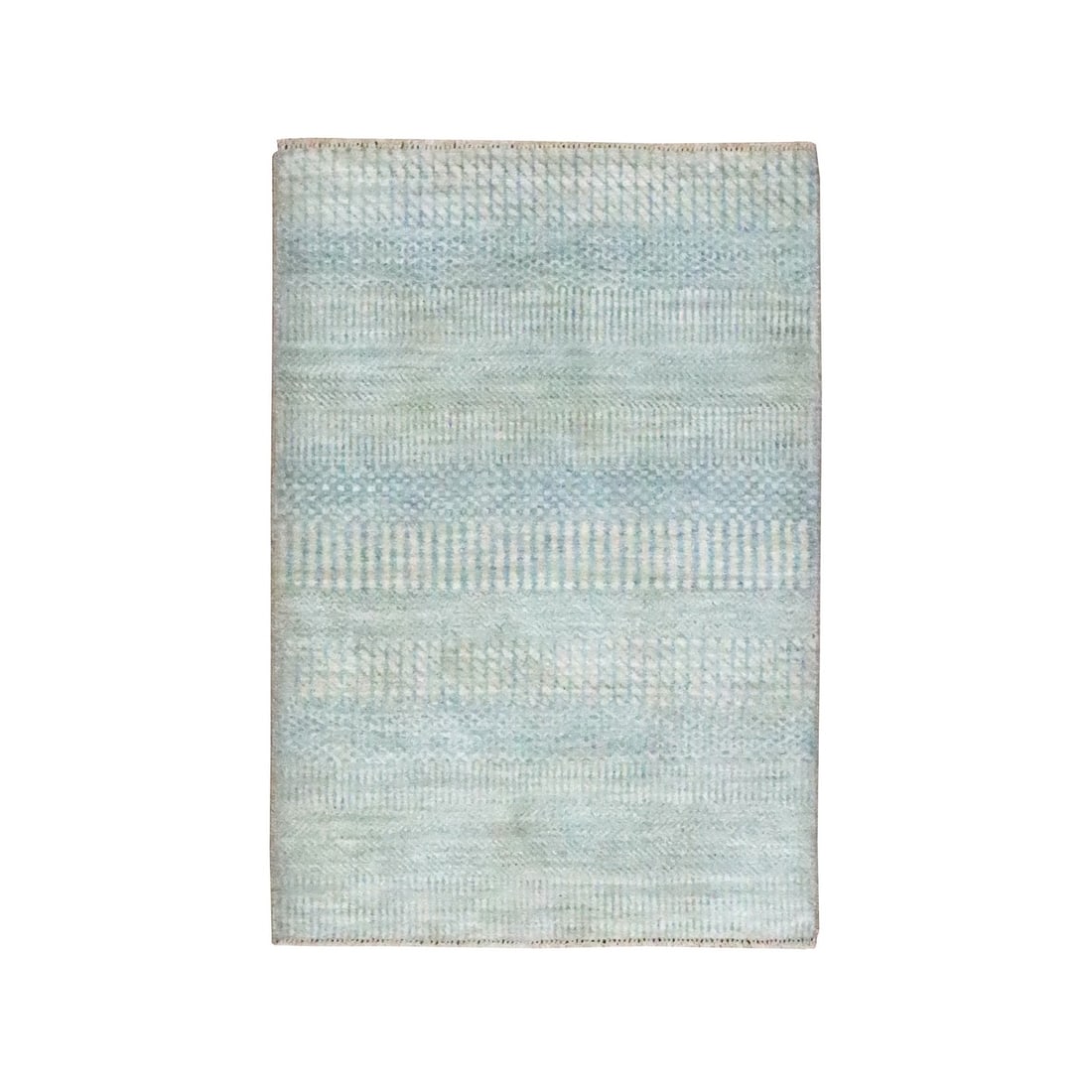 2'x3' Beige-Blue Modern Grass Design Hand Knotted Wool with Silk Mat Rug: 2'x3' Beige-Blue Modern Grass Design Hand Knotted Wool with Silk Mat Rug The 2'x3' Beige-Blue Modern Grass Design Hand Knotted Wool with Silk Mat Rug boasts a striking blue hue and intricate hand-knot
