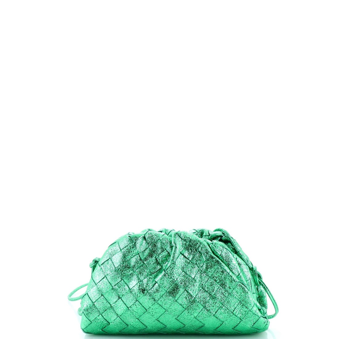 Intrecciato Pouch Nappa Mini by Bottega: Intrecciato Pouch Nappa Mini by Bottega The Bottega Veneta Intrecciato Pouch Nappa Mini boasts sleek, green leather exterior with metallic accents, complemented by a rich green interior. This stylish 