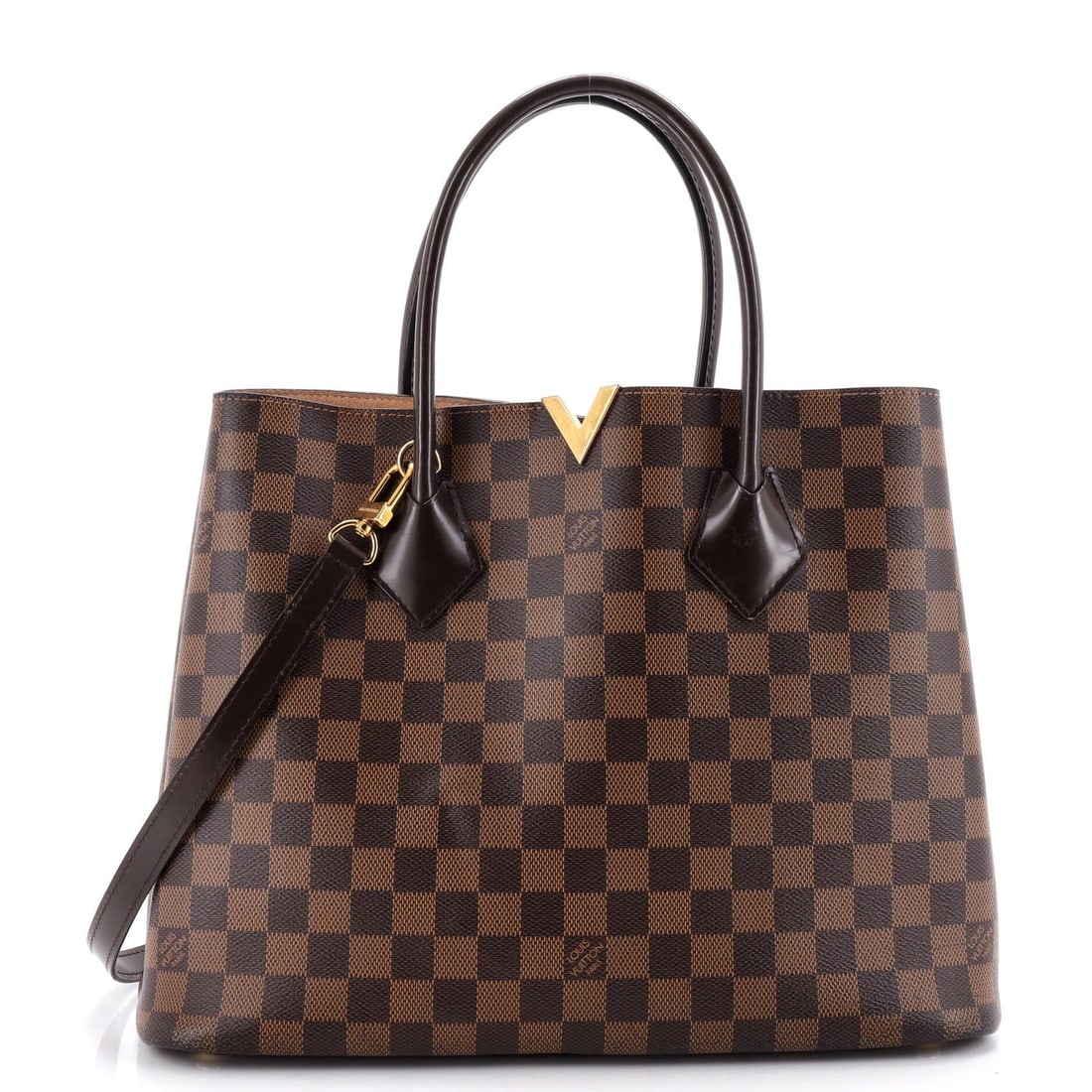 Kensington Handbag Damier by Louis Vuitton: Kensington Handbag Damier by Louis Vuitton Brown canvas-coated Louis Vuitton Kensington Handbag Damier features a classic tote design with gold hardware and neutral microfiber interior. The bag has so