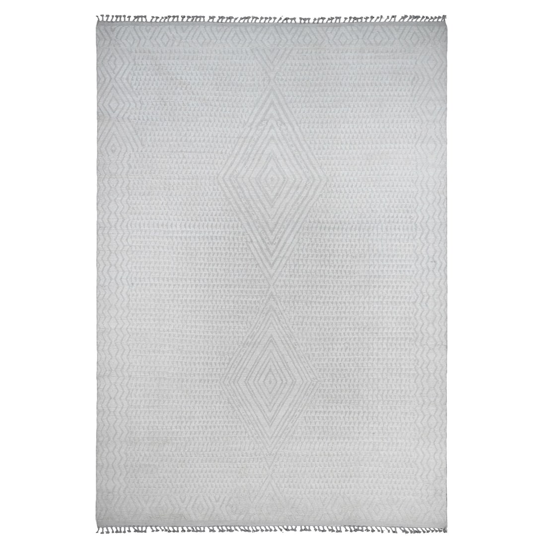 9'10"x14'1" White Moroccan Weave Diamond Pattern Hand Knotted Wool Rug: 9'10"x14'1" White Moroccan Weave Diamond Pattern Hand Knotted Wool Rug 9'10" x 14'1" White Moroccan Weave Diamond Pattern Hand Knotted Wool Rug, featuring an intricate diamond pattern in ivory and a h