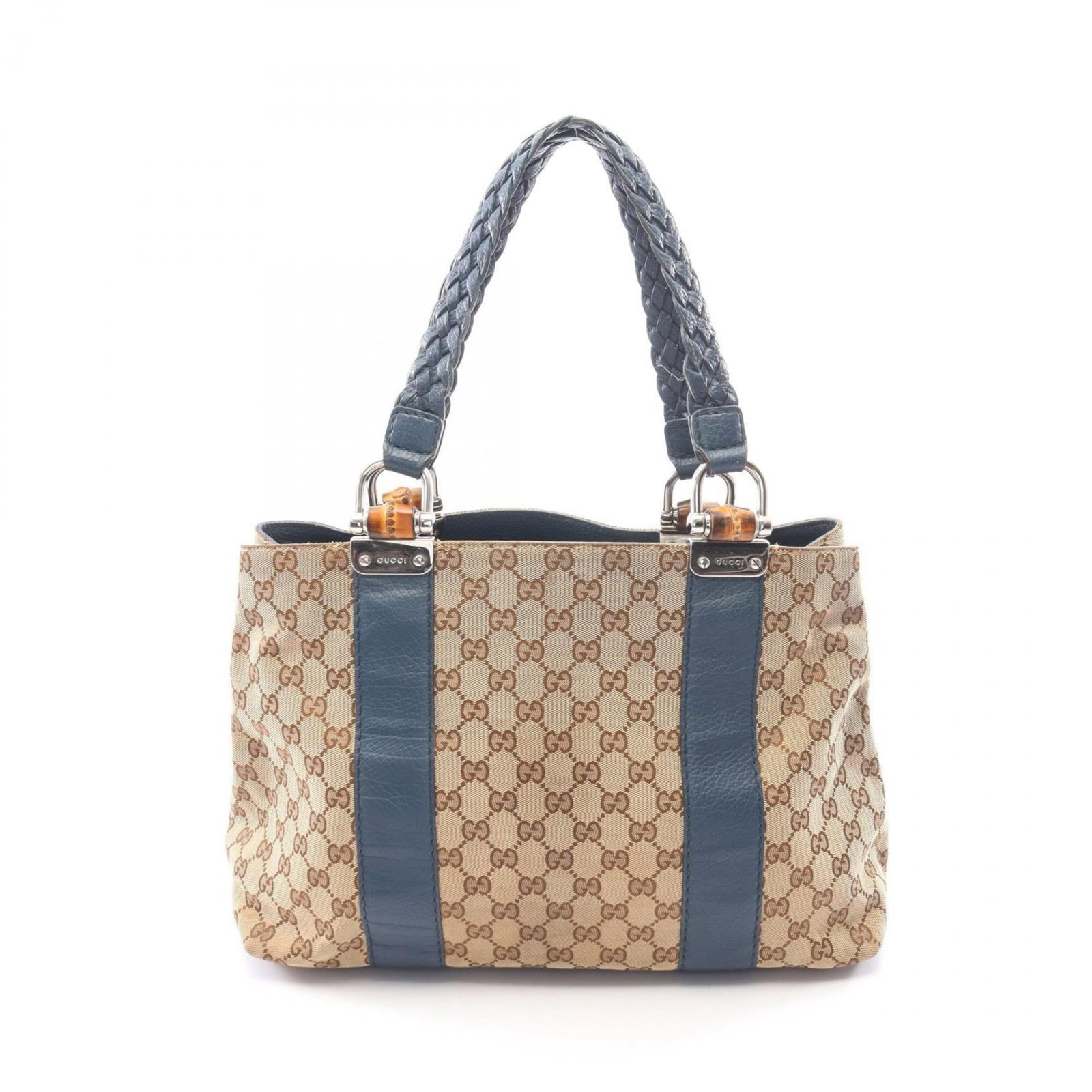 Gucci Handbag Tote Bag Canvas Leather: Gucci Handbag Tote Bag Canvas Leather Canvas and leather combine in this Gucci handbag tote bag, available in beige and blue. Measuring 27cm x 39cm x 14cm, it features a classic design with a canvas e