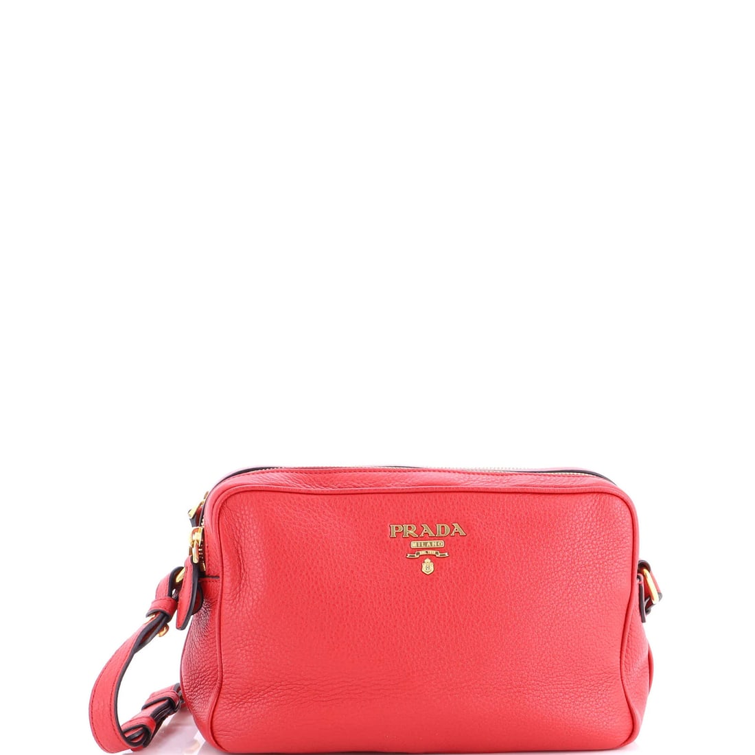 Prada Double Zip Camera Bag Vitello Daino: Prada Double Zip Camera Bag Vitello Daino The Prada Double Zip Camera Bag Vitello Daino boasts a striking red exterior made from high-quality leather, featuring a distinctive double zip closure and go
