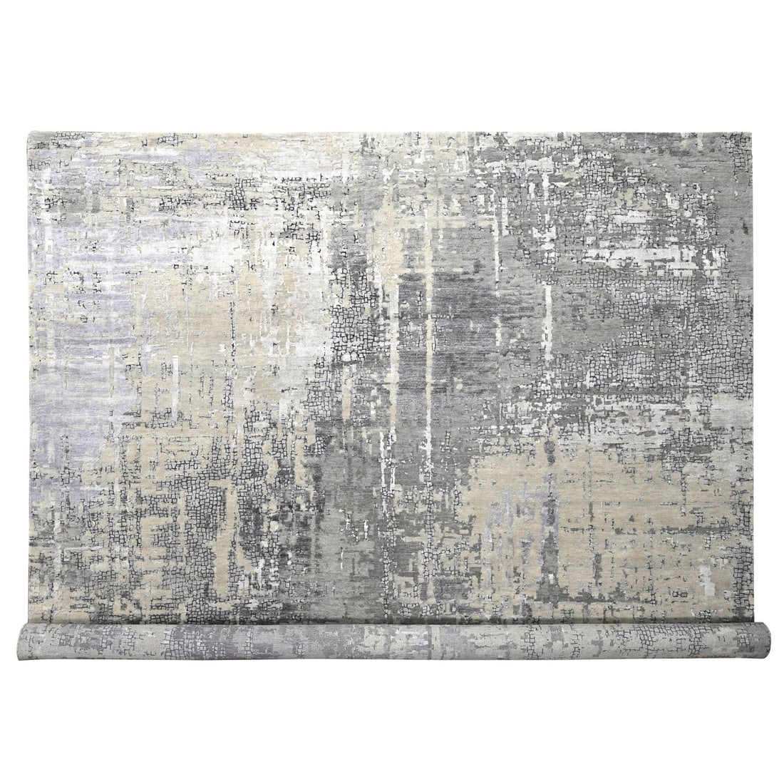 Hand knotted rug abstract wool silk gray square design: Hand knotted rug abstract wool silk gray square design Hand-knotted wool and silk rug in an abstract mosaic design, measuring 11" x 11" with a subtle grey field color. This unique piece features intri