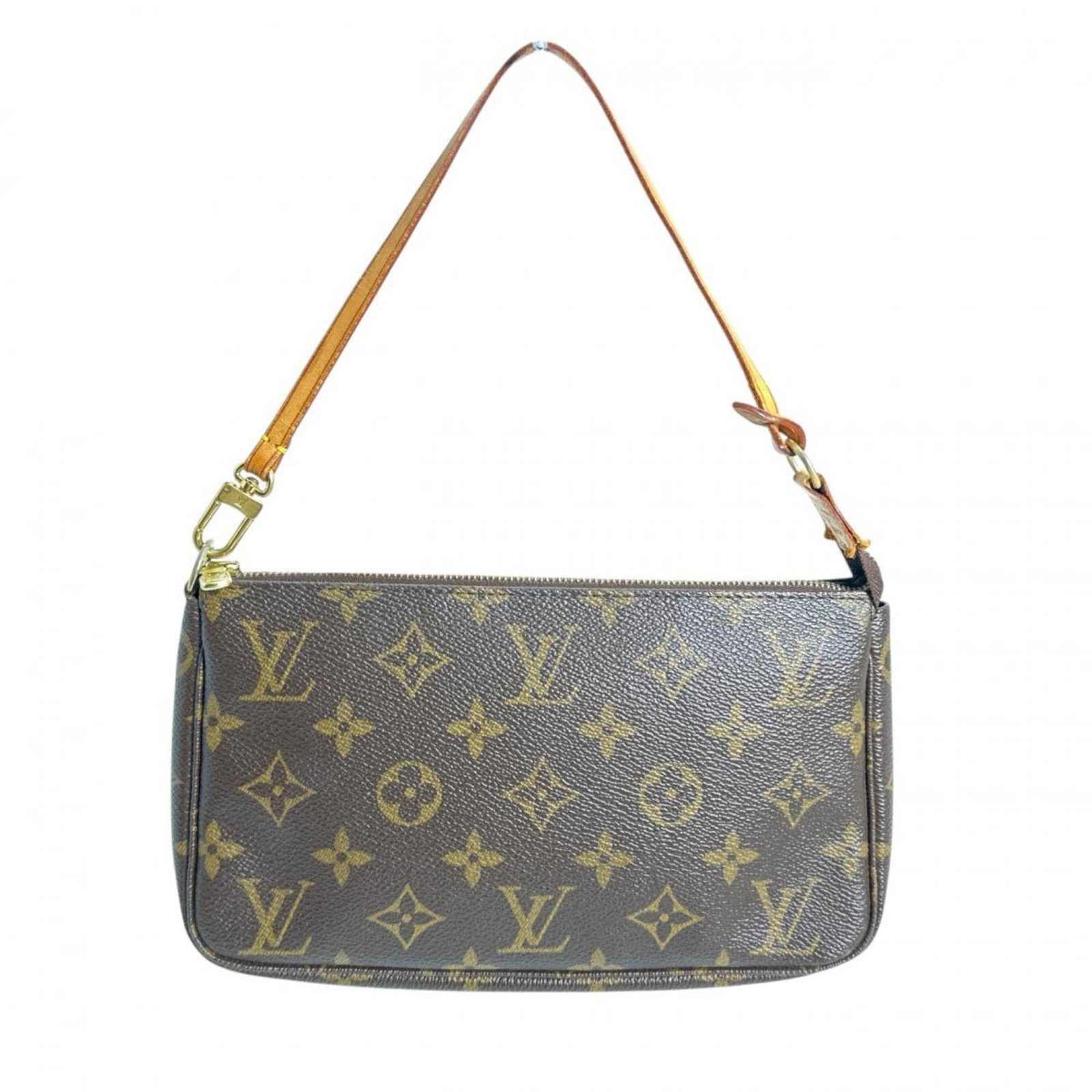 Canvas Monogram Louis Vuitton Pochette: Canvas Monogram Louis Vuitton Pochette Canvas Monogram Louis Vuitton Pochette - A classic brown canvas pouch featuring the iconic monogram pattern, measuring 13cm x 21cm x 3cm. This stylish accessory 