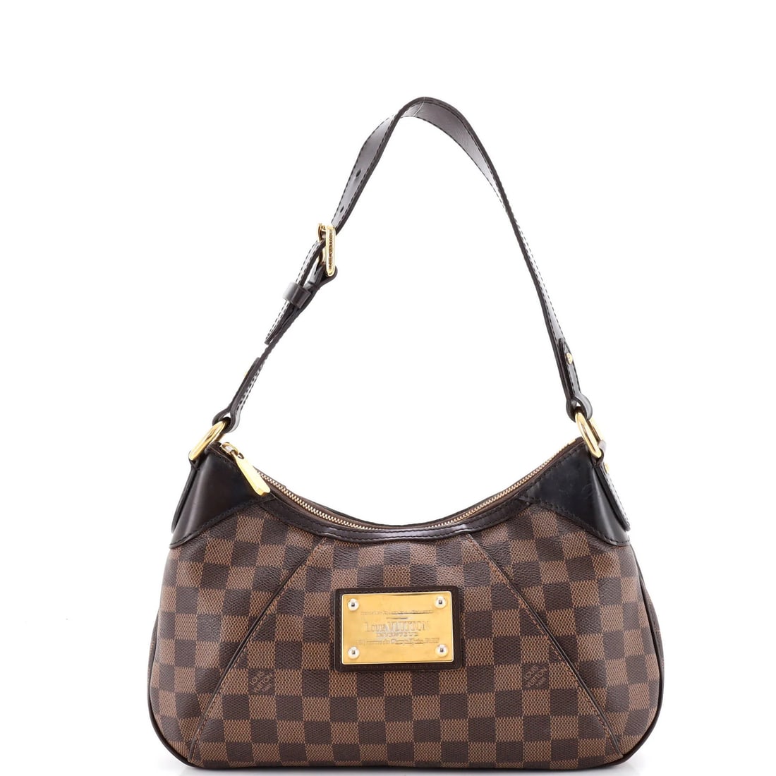Louis Vuitton Thames Handbag Damier PM: Louis Vuitton Thames Handbag Damier PM Brown Louis Vuitton Thames Handbag Damier PM features scuffs, edge wear, and discoloration on the exterior canvas coating. The gold hardware adds a touch of eleg