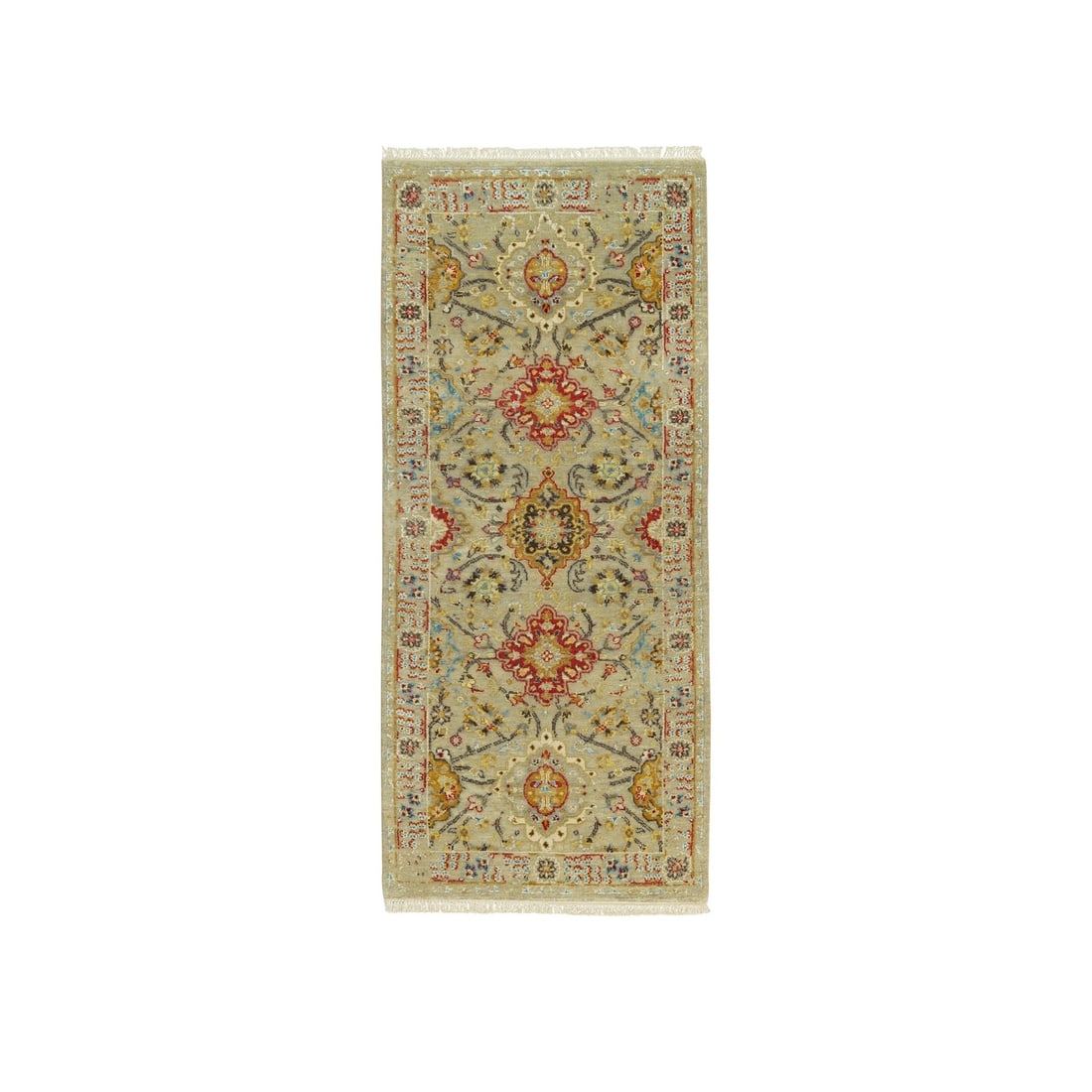 2'8"x6' Camel Wool and Silk Sunset Hand Knotted Runner Oriental Rug: 2'8"x6' Camel Wool and Silk Sunset Hand Knotted Runner Oriental Rug Hand-knotted with camel wool and silk, this stunning 2'8"x6' oriental runner rug boasts a beautiful beige field color accented by su