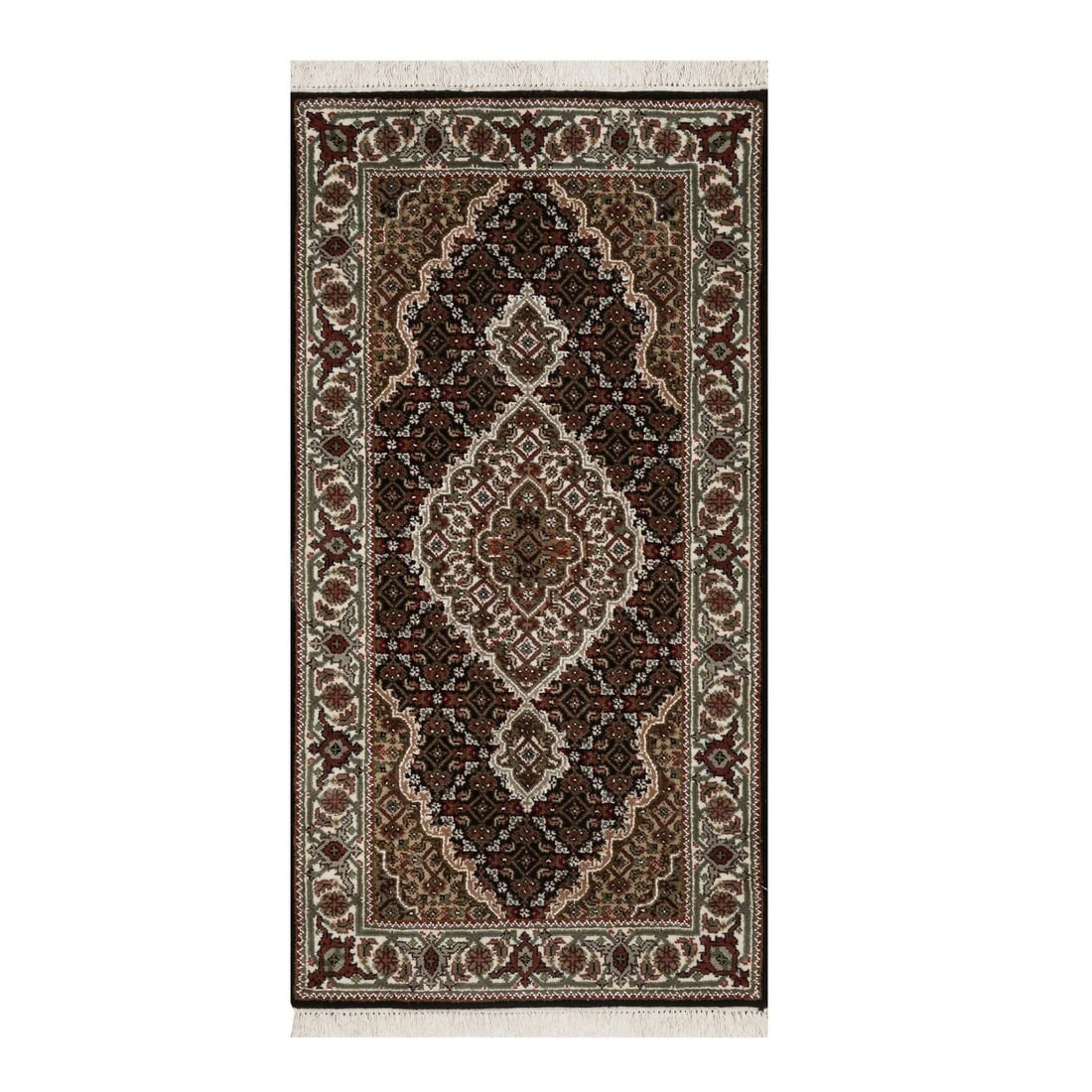 2'5"x4'8" Black Wool Rug Tebraz Mahi with Medallion Design Hand Knotted: 2'5"x4'8" Black Wool Rug Tebraz Mahi with Medallion Design Hand Knotted Black Wool Rug Tebraz Mahi with Medallion Design Hand Knotted. This hand-knotted wool rug boasts a striking medallion design in 