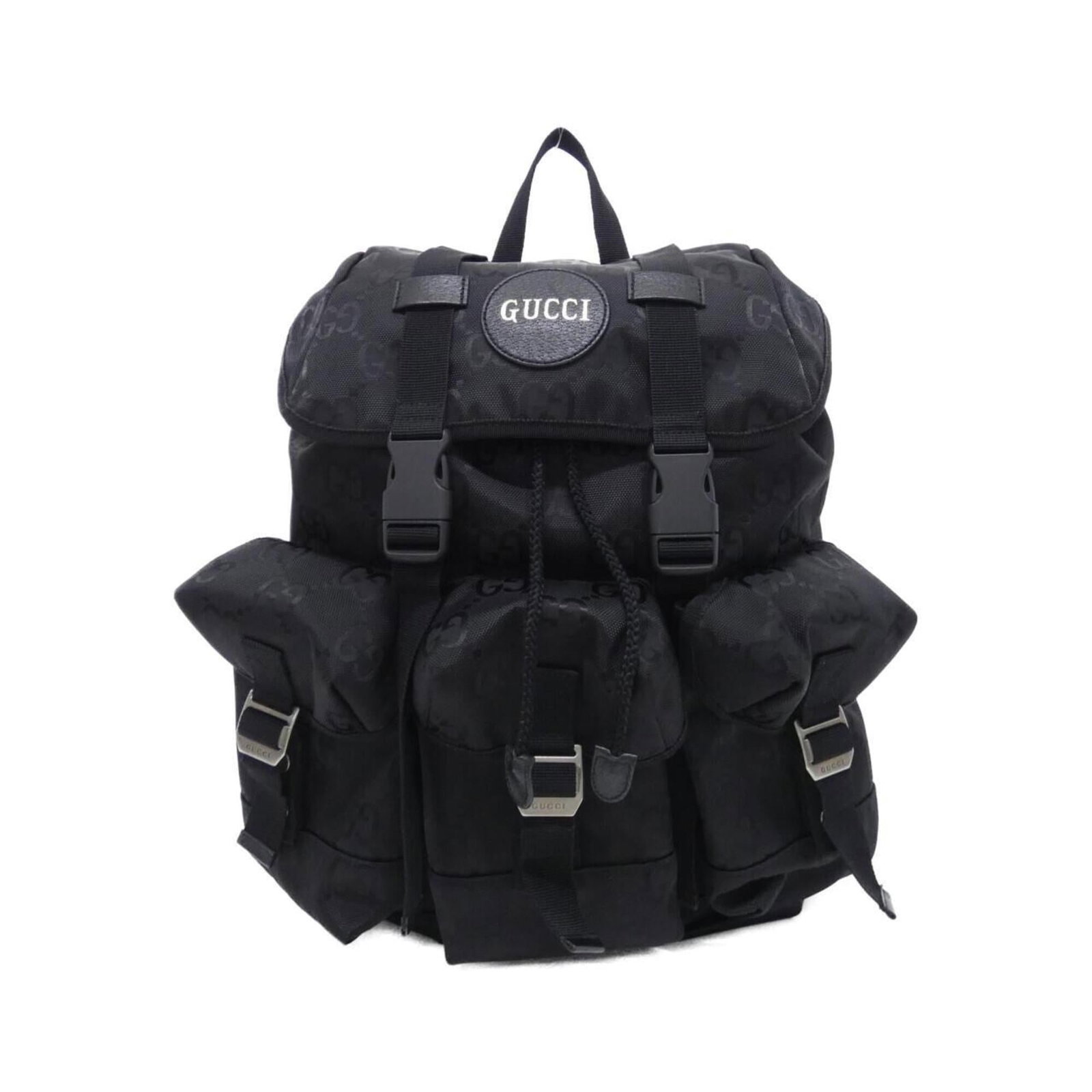 Nylon backpack by Gucci: Nylon backpack by Gucci Nylon backpack by Gucci, featuring black nylon material and silver hardware. This stylish backpack measures 42cm x 29cm x 15cm and weighs 1.26kg, with adjustable strap length f