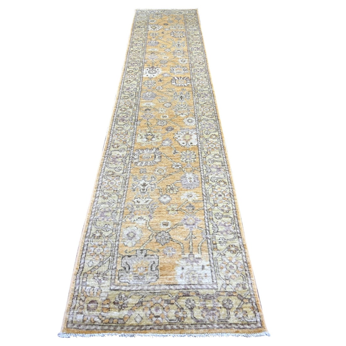 2'8"x13'6" Brown Hand Knotted Angora Oushak Leaf Design Wool Runner Rug: 2'8"x13'6" Brown Hand Knotted Angora Oushak Leaf Design Wool Runner Rug Brown Hand Knotted Angora Oushak Leaf Design Wool Runner Rug measures 2'8"x13'6" and features a beautiful floral pattern in shad
