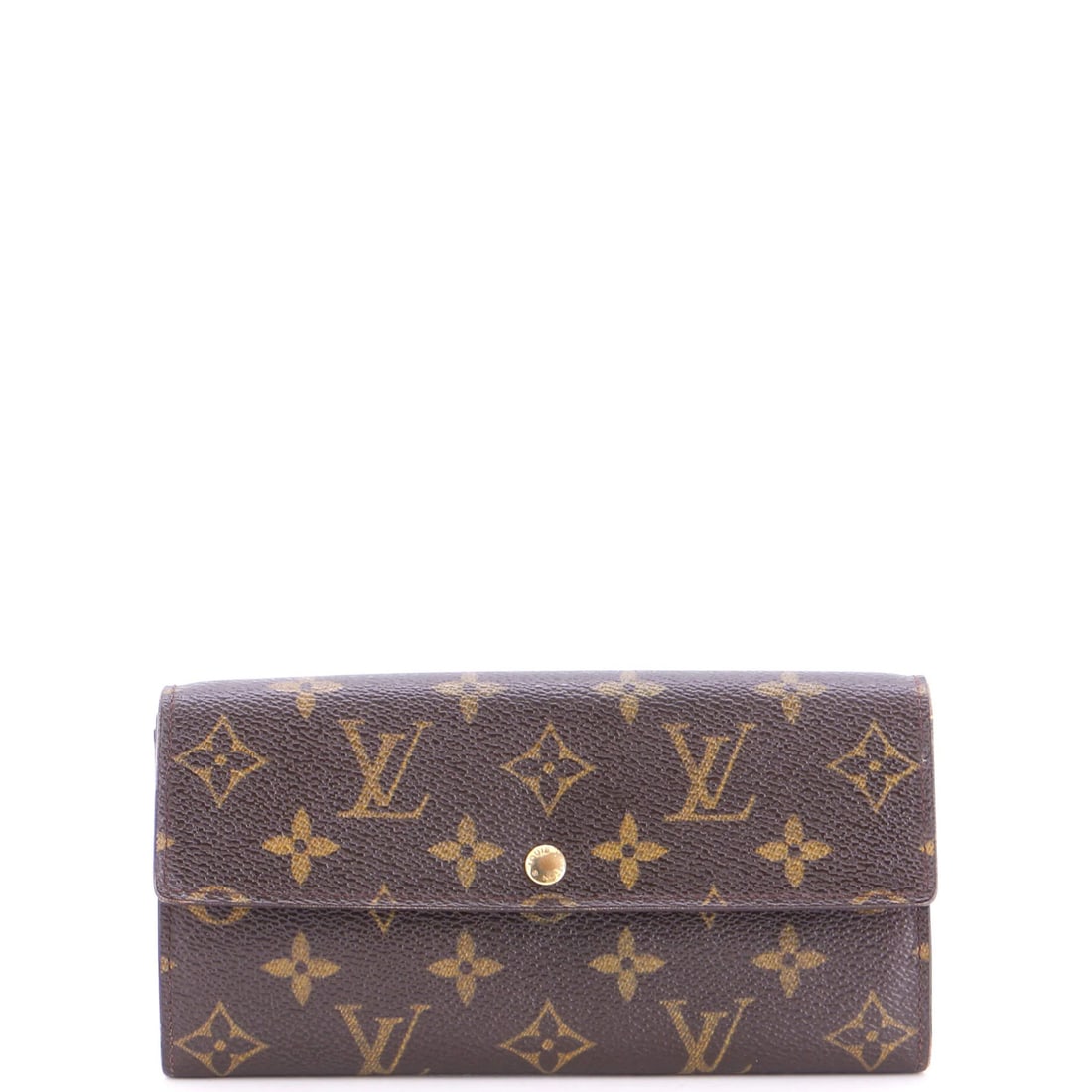 Canvas wallet monogram Sarah Louis Vuitton: Canvas wallet monogram Sarah Louis Vuitton Canvas wallet with monogram pattern, featuring brown exterior and interior, gold hardware, and leather interior. The item has undergone wear and tear, with s