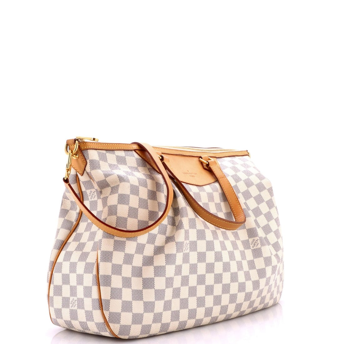 Handbag Damier GM Louis Vuitton Siracusa: Handbag Damier GM Louis Vuitton Siracusa Canvas Coated Damier GM Siracusa Shoulder Bag from Louis Vuitton, featuring a classic white exterior with neutral interior and gold hardware. Measuring 12" tal