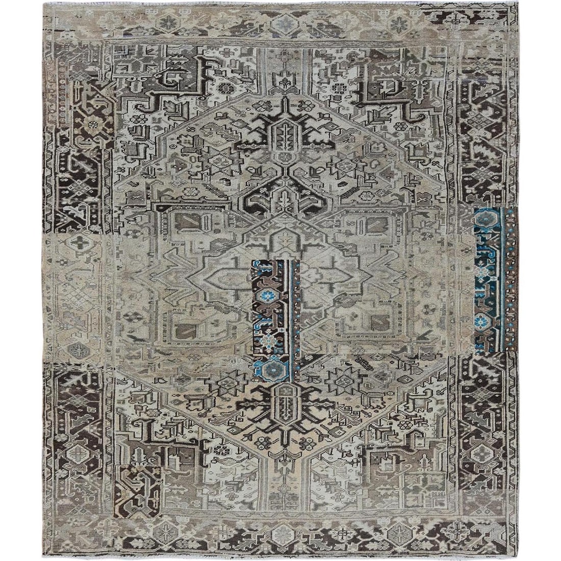 8'x9'4" Gray Vintage Zoroastrian Heris Pure Wool Hand Knotted Squarish Rug: 8'x9'4" Gray Vintage Zoroastrian Heris Pure Wool Hand Knotted Squarish Rug The Heris type rug boasts a striking medallion pattern in a beautiful grey field, set against a rich chocolate brown border. 