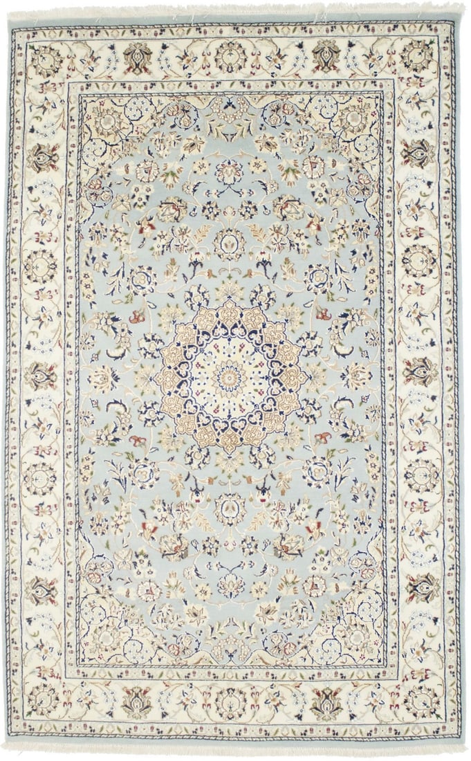5X8 Extra Fine Indo-Nain Oriental Rug Handmade Blue Floral Classic Carpet Hand-Knotted: 5X8 Extra Fine Indo-Nain Oriental Rug Handmade Blue Floral Classic Carpet Hand-Knotted Extra Fine Hand-Knotted Indo-Nain Oriental Rug in Classic Blue Floral Pattern. This beautifully crafted 5'0" x 8'