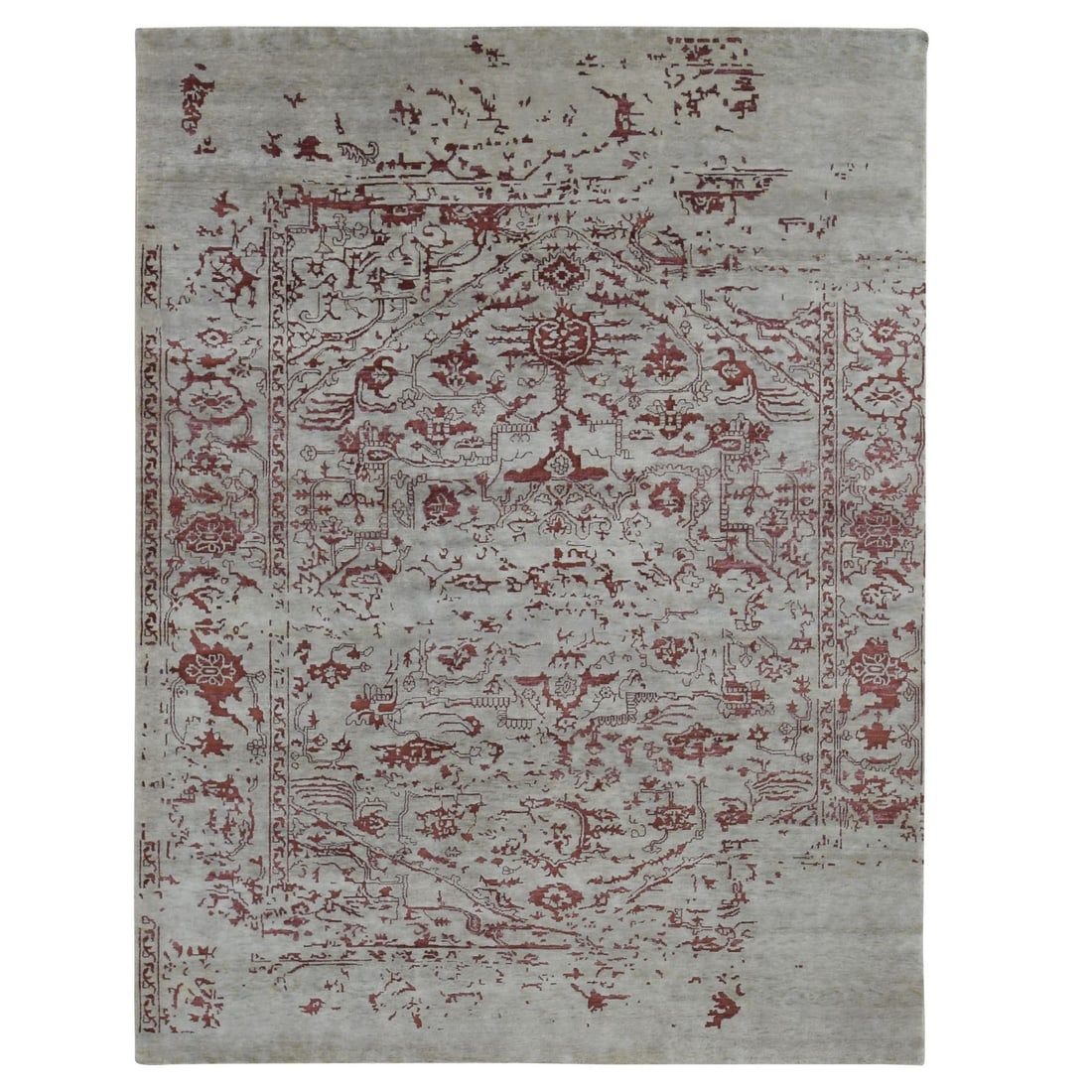 9'x11'9" Beige Broken Heris Design Wool and Silk Hand Knotted Rug: 9'x11'9" Beige Broken Heris Design Wool and Silk Hand Knotted Rug 9'0" x 11'9" Beige Heris Design Wool and Silk Hand Knotted Rug. This stunning hand-knotted rug boasts a unique beige color with intric