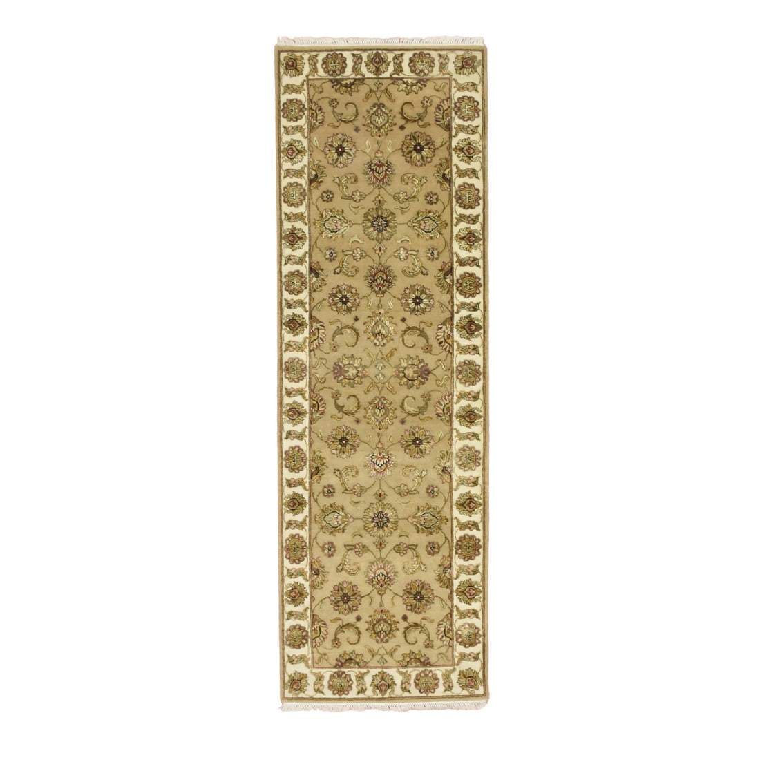 2'7"x8'1" Brown Rajasthan Leaf Design Hand Knotted Wool & Silk Runner Rug: 2'7"x8'1" Brown Rajasthan Leaf Design Hand Knotted Wool & Silk Runner Rug Hand-knotted with wool and silk, this stunning Rajasthan-style runner rug boasts an intricate brown leaf design against a rich
