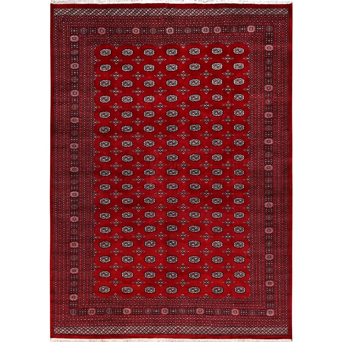 10'4"x14'4" Red Hand Knotted Rug Princess Bokara Tribal Medallions Wool: 10'4"x14'4" Red Hand Knotted Rug Princess Bokara Tribal Medallions Wool The Red Hand Knotted Rug boasts an impressive rectangular field with a striking red color, surrounded by intricate geometric pat