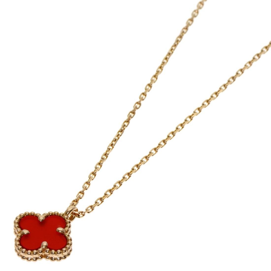 Arpels Van Cleef K18 Pink Gold Necklace Alhambra Carnelian Sweet: Arpels Van Cleef K18 Pink Gold Necklace Alhambra Carnelian Sweet K18 Pink Gold Alhambra Carnelian Necklace, a stunning piece from Van Cleef & Arpels, boasts the intricate details of the iconic Alhambr