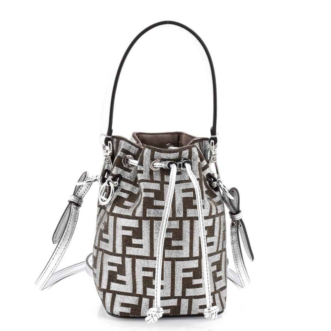 Fendi Mon Tresor Zucca Tapestry Mini Bucket Bag: Fendi Mon Tresor Zucca Tapestry Mini Bucket Bag The Fendi Mon Tresor Zucca Tapestry Mini Bucket Bag is a stylish and compact accessory featuring a unique canvas plain exterior with brown, silver accen