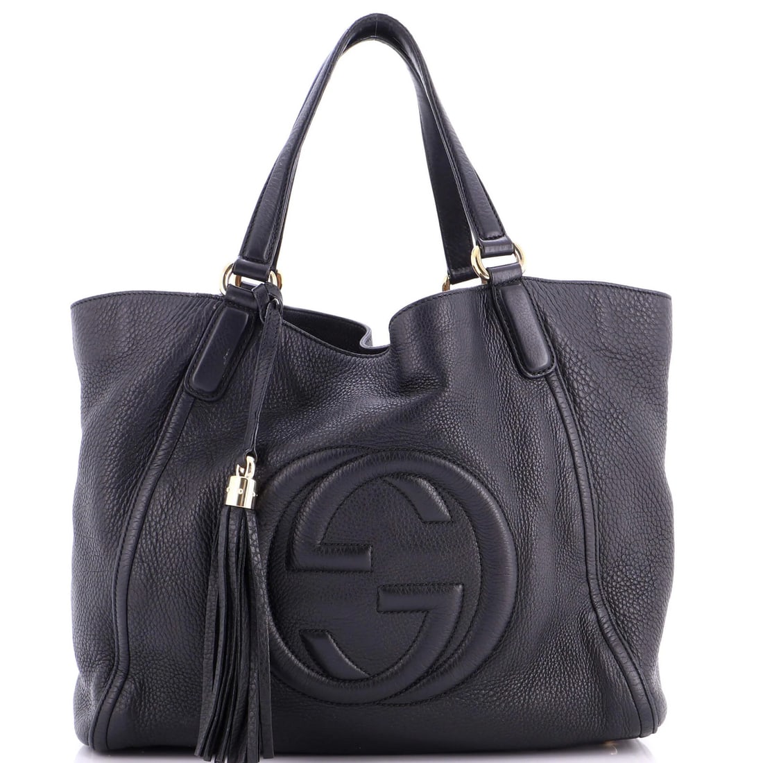 Shoulder bag leather medium Gucci soho: Shoulder bag leather medium Gucci soho Black leather medium Soho shoulder bag from Gucci, featuring gold hardware and neutral interior. The bag showcases some wear, including corner wear, scuffs, crac