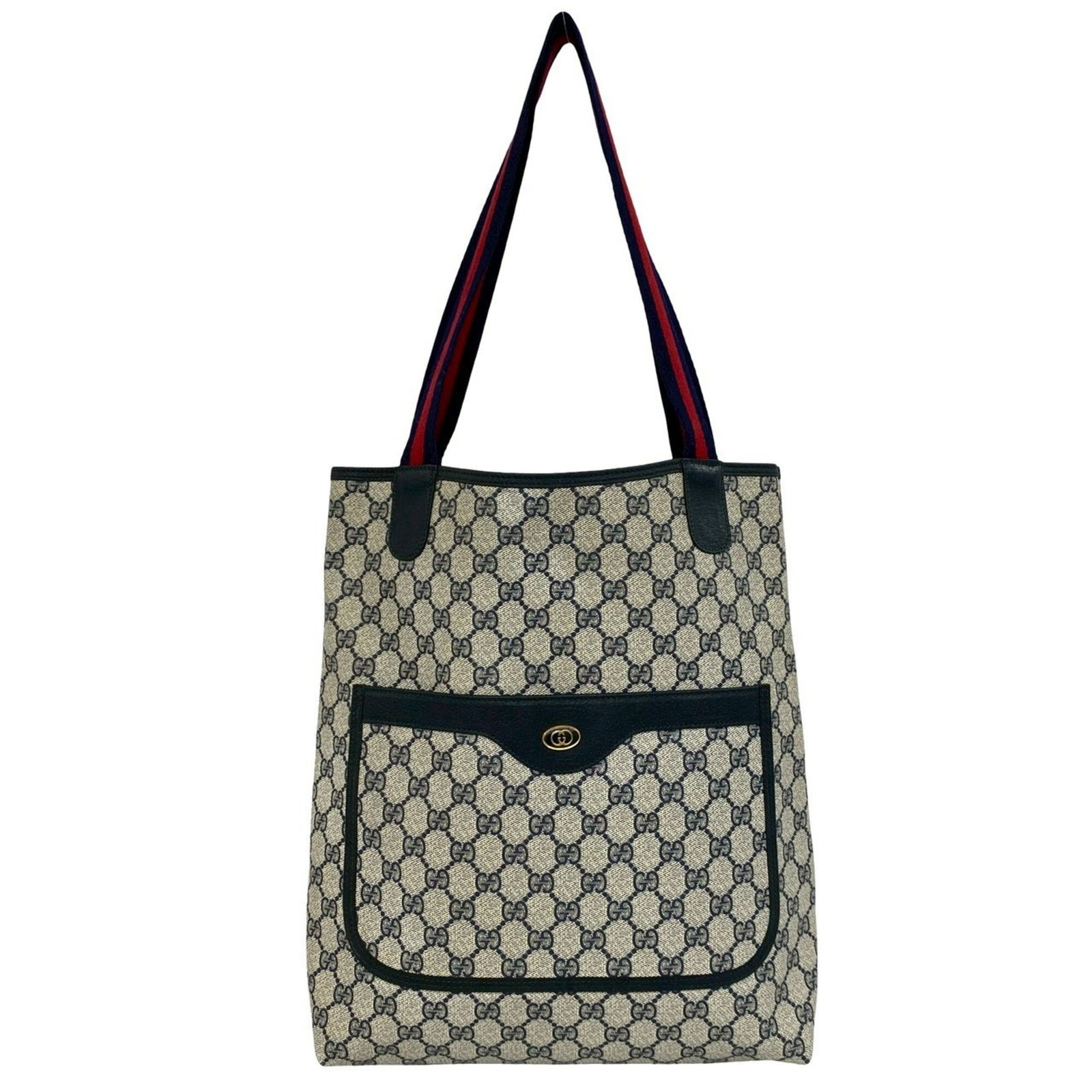 Leather Pvc Gucci Tote Bag Shoulder: Leather Pvc Gucci Tote Bag Shoulder Navy and red color block design adds a pop of contrast to this Gucci leather PVC tote bag, featuring a classic shoulder style. Made from high-quality materials,