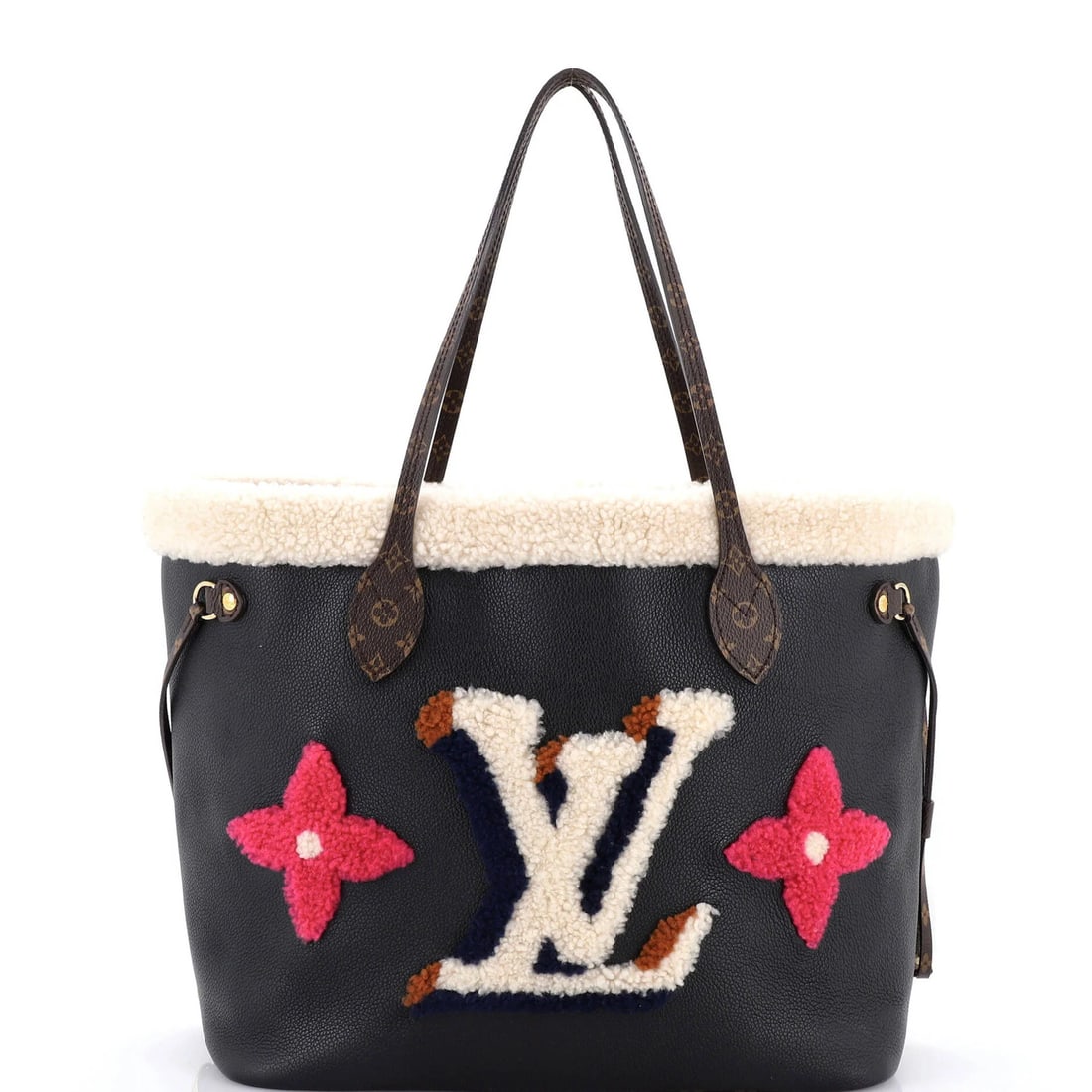 Leather Monogram Teddy Shearling Louis Vuitton Neverfull Tote NM MM: Leather Monogram Teddy Shearling Louis Vuitton Neverfull Tote NM MM Black Shearling Louis Vuitton Neverfull Tote with Monogram Teddy exterior, featuring a classic Mm size and gold hardware. Minor edge