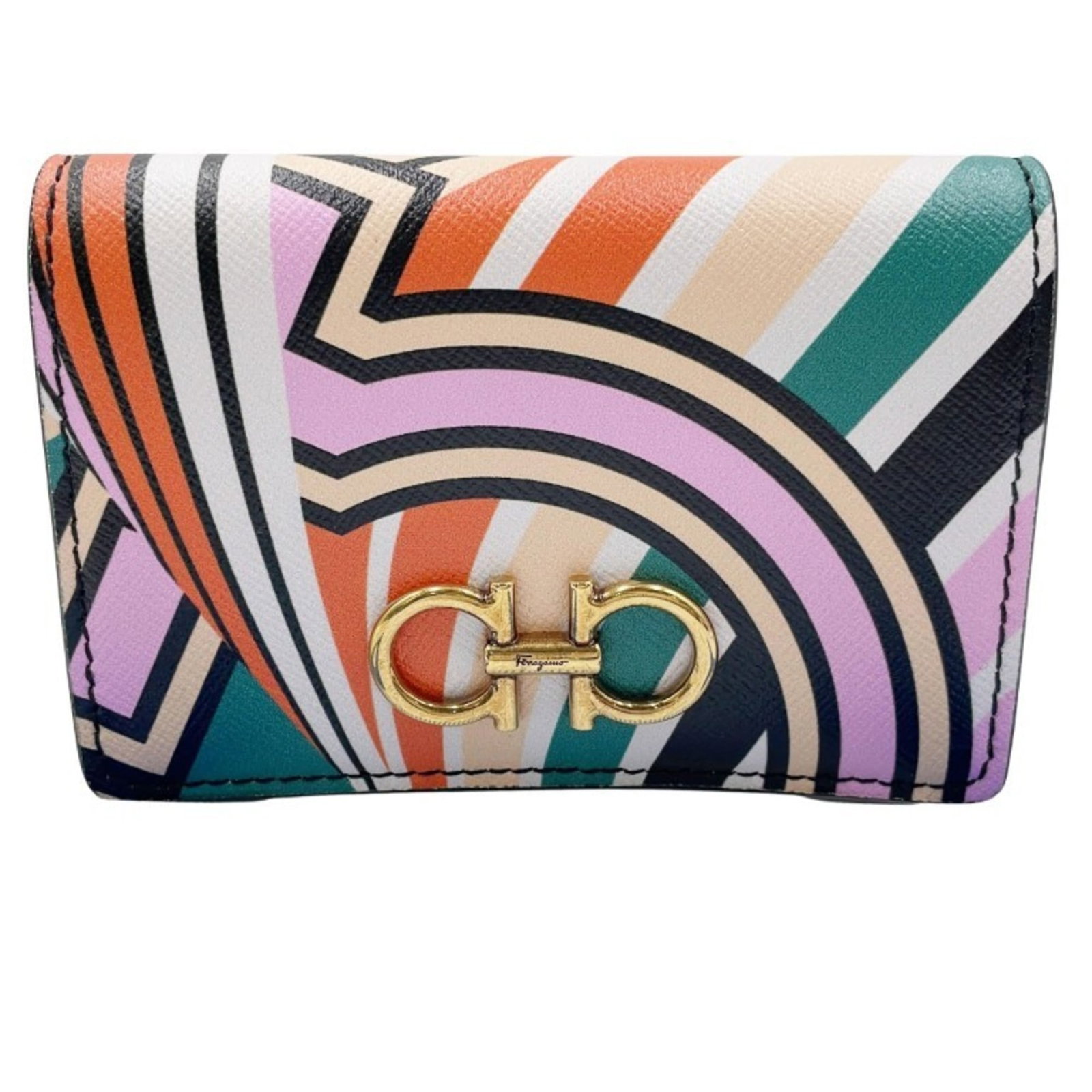 Salvatore Ferragamo leather business card case: Salvatore Ferragamo leather business card case This Salvatore Ferragamo leather business card case boasts a sleek, multi-color design and premium leather construction. Made in Italy, it measures