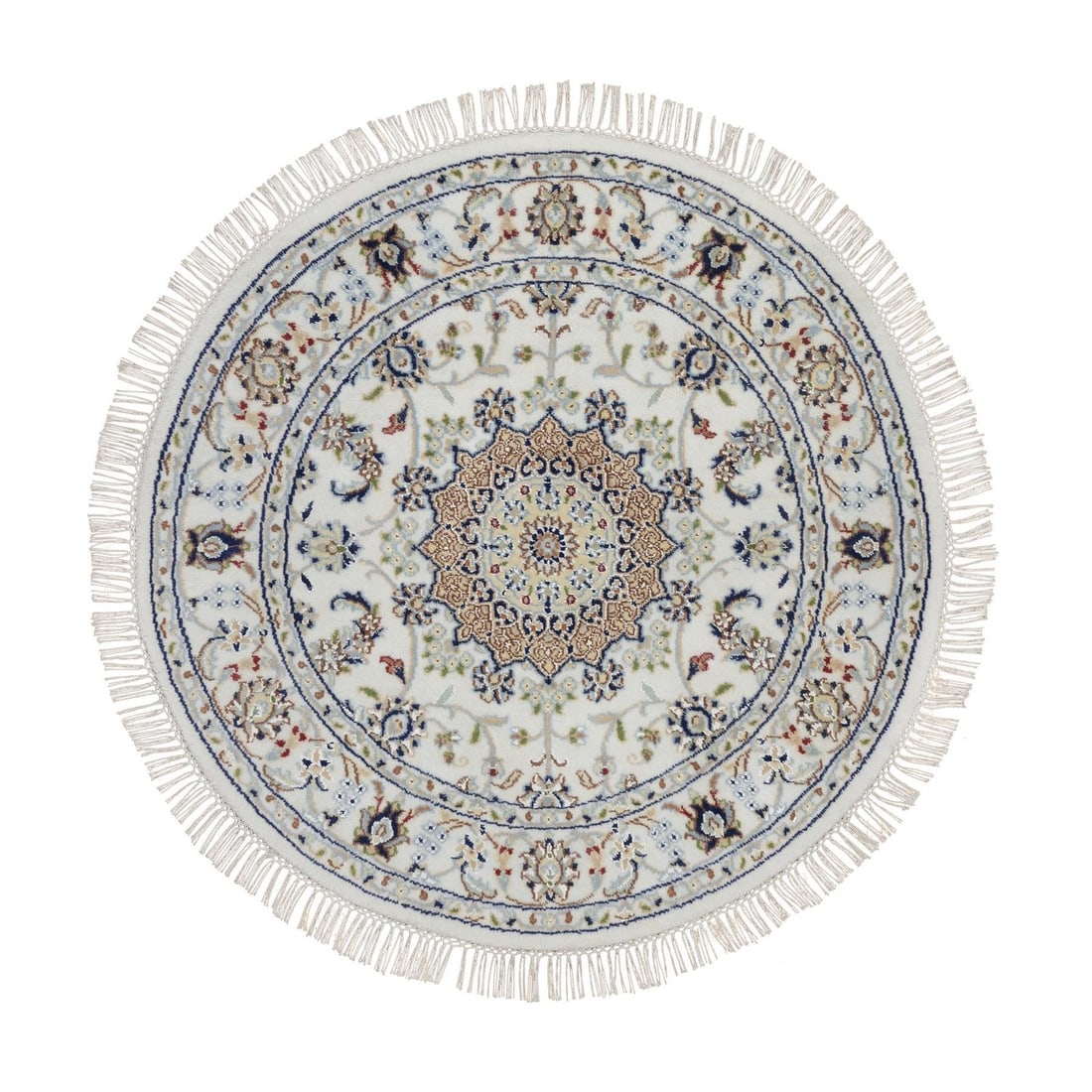 3'2"x3'2" Ivory Wool and Silk Nain with Medallion Design Hand Knotted Round: 3'2"x3'2" Ivory Wool and Silk Nain with Medallion Design Hand Knotted Round Hand-knotted in ivory wool and silk, this stunning Nain-style rug boasts intricate medallion design work. Measuring just 3'2