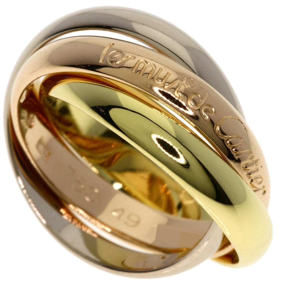 K18 Yellow Gold K18 White Gold Cartier Trinity #49 Ring: K18 Yellow Gold K18 White Gold Cartier Trinity #49 Ring K18 Yellow Gold Cartier Trinity #49 Ring features a striking gold design, showcasing the iconic Cartier Trinity style. This ring boasts K18 yell